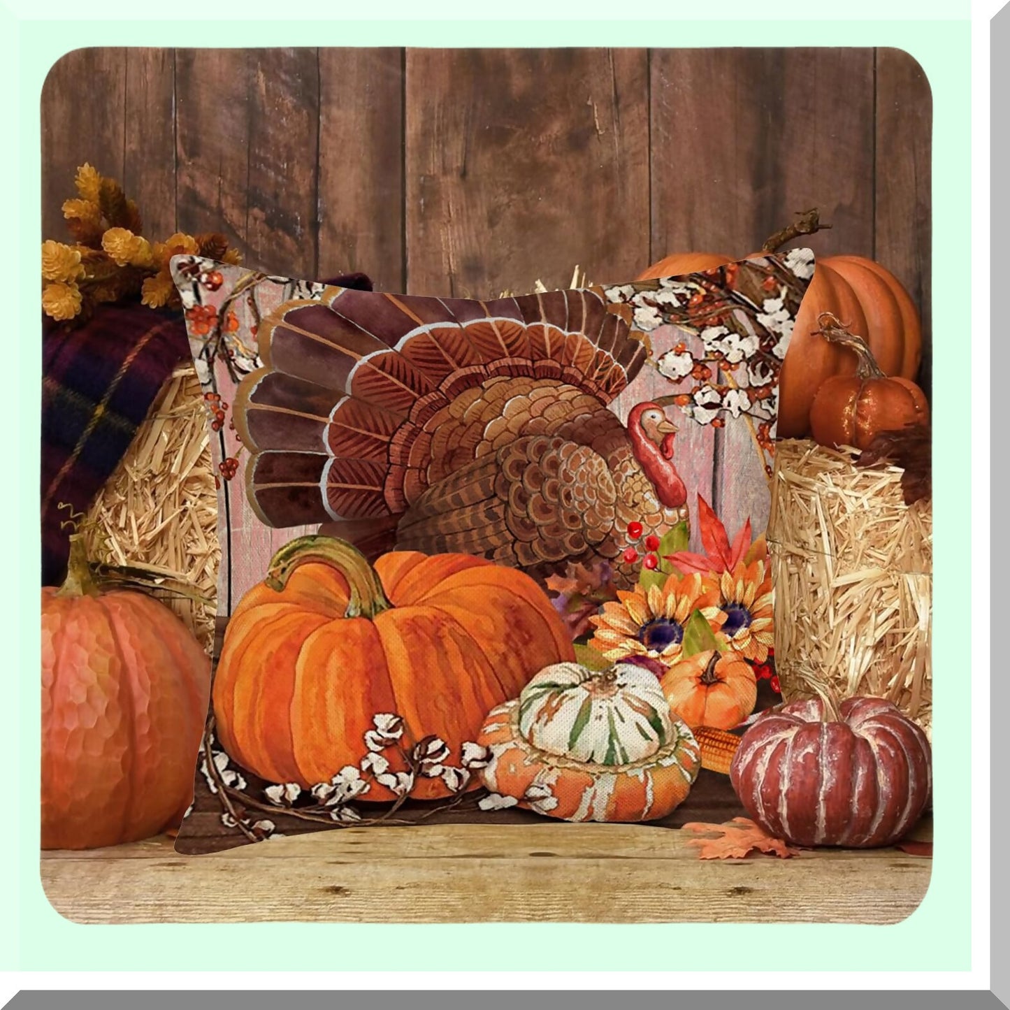 Harvest Sunflower Pumpkin Throw Pillow Set - Autumn Farmhouse Decor - Vintage Fall Cushion Cover - Thanksgiving Turkey Sofa Couch Case - 18x18 Inch Cotton Linen - Set of 4