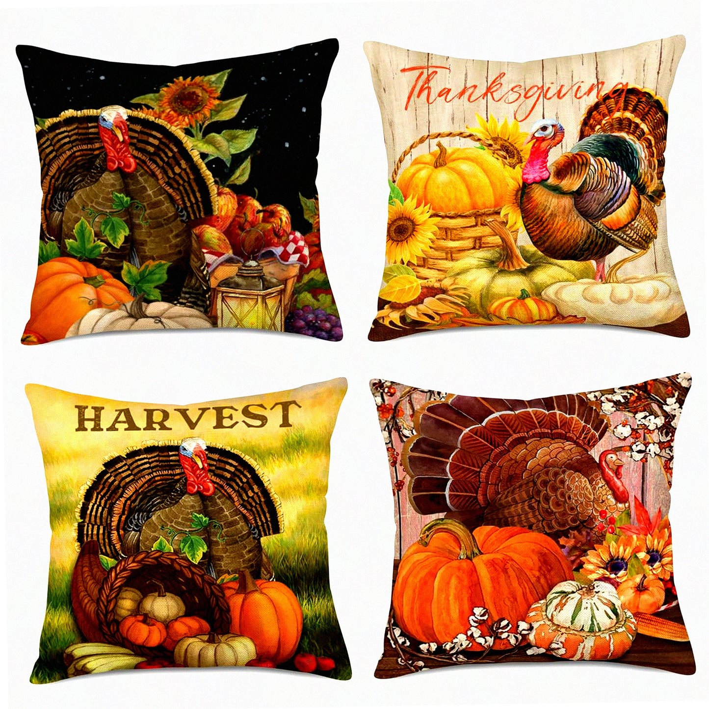 Harvest Sunflower Pumpkin Throw Pillow Set - Autumn Farmhouse Decor - Vintage Fall Cushion Cover - Thanksgiving Turkey Sofa Couch Case - 18x18 Inch Cotton Linen - Set of 4