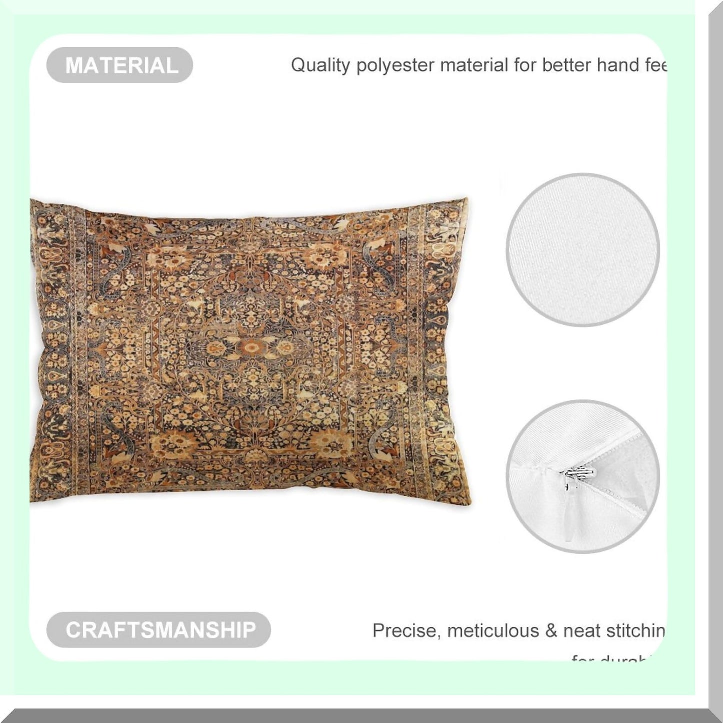 Persian Kirman Velvet Pillowcase Set - Antique Rug Print Decorative Cushion Covers for Home Living Room Bed Couch Car - Soft 12"x20" Throw Pillow Covers