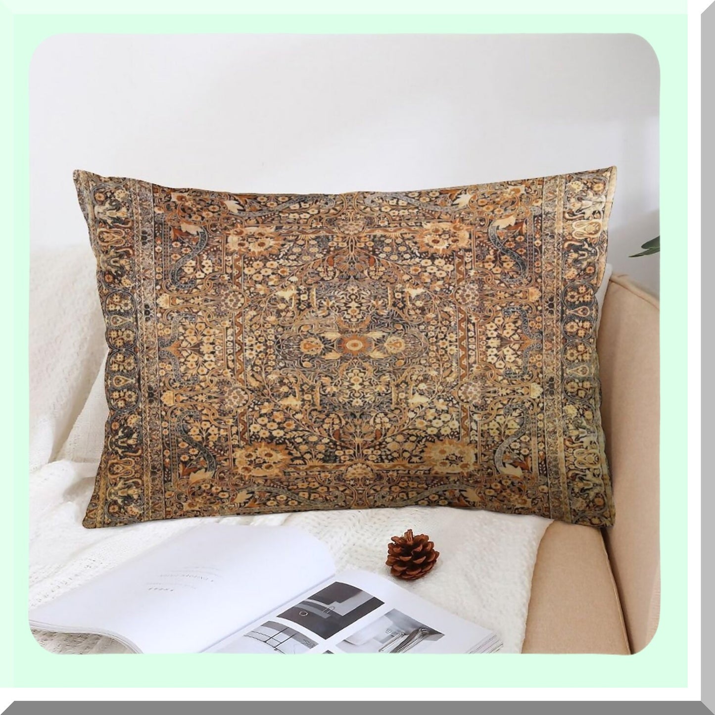Persian Kirman Velvet Pillowcase Set - Antique Rug Print Decorative Cushion Covers for Home Living Room Bed Couch Car - Soft 12"x20" Throw Pillow Covers
