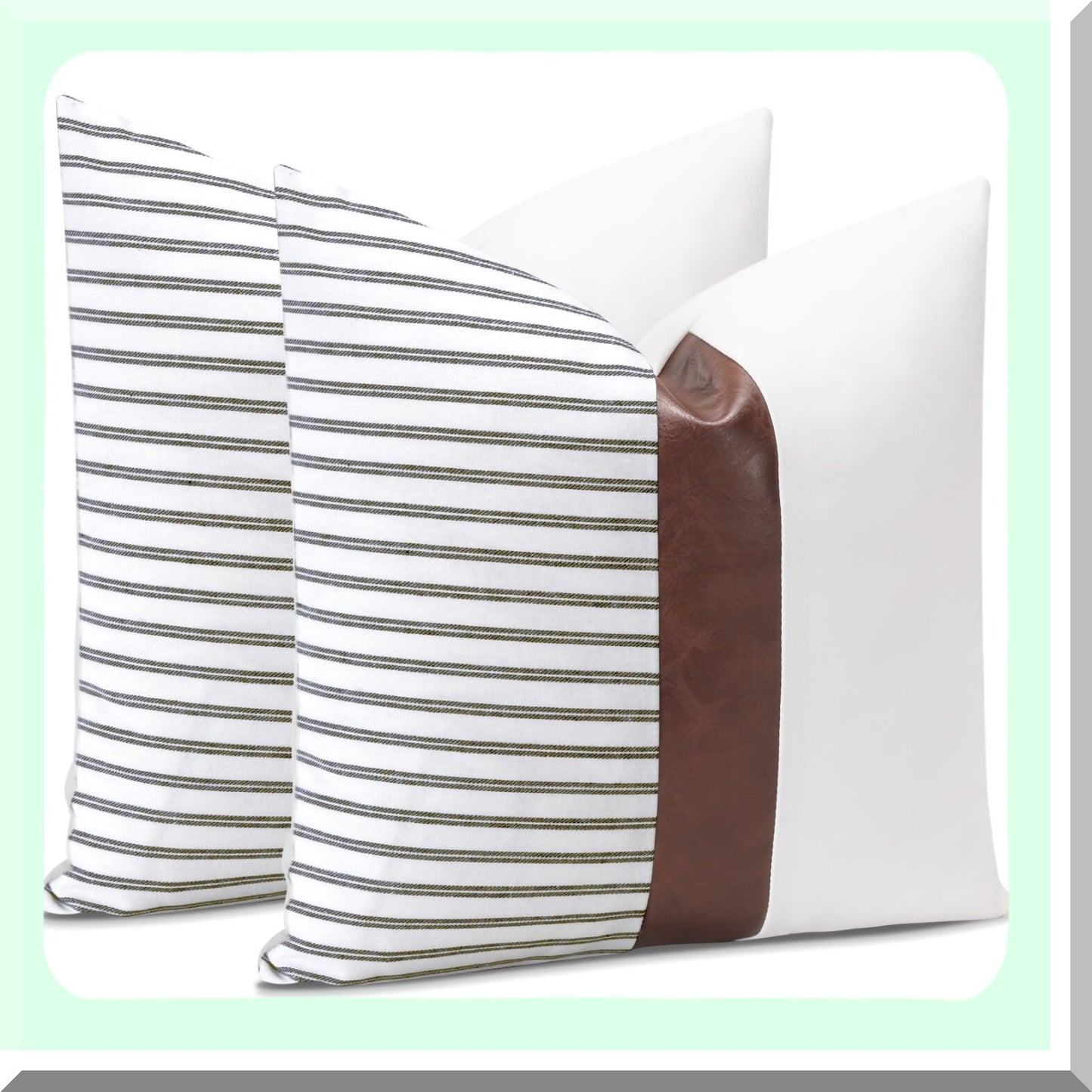 Striped Leather Patchwork Pillow Covers - Set of 2, 20x20 Inch Farmhouse Boho Decorative Throw Pillow Cases for Couch, Sofa, Bed - Living Room Home Decor - Stripe Coffee Cushion Covers