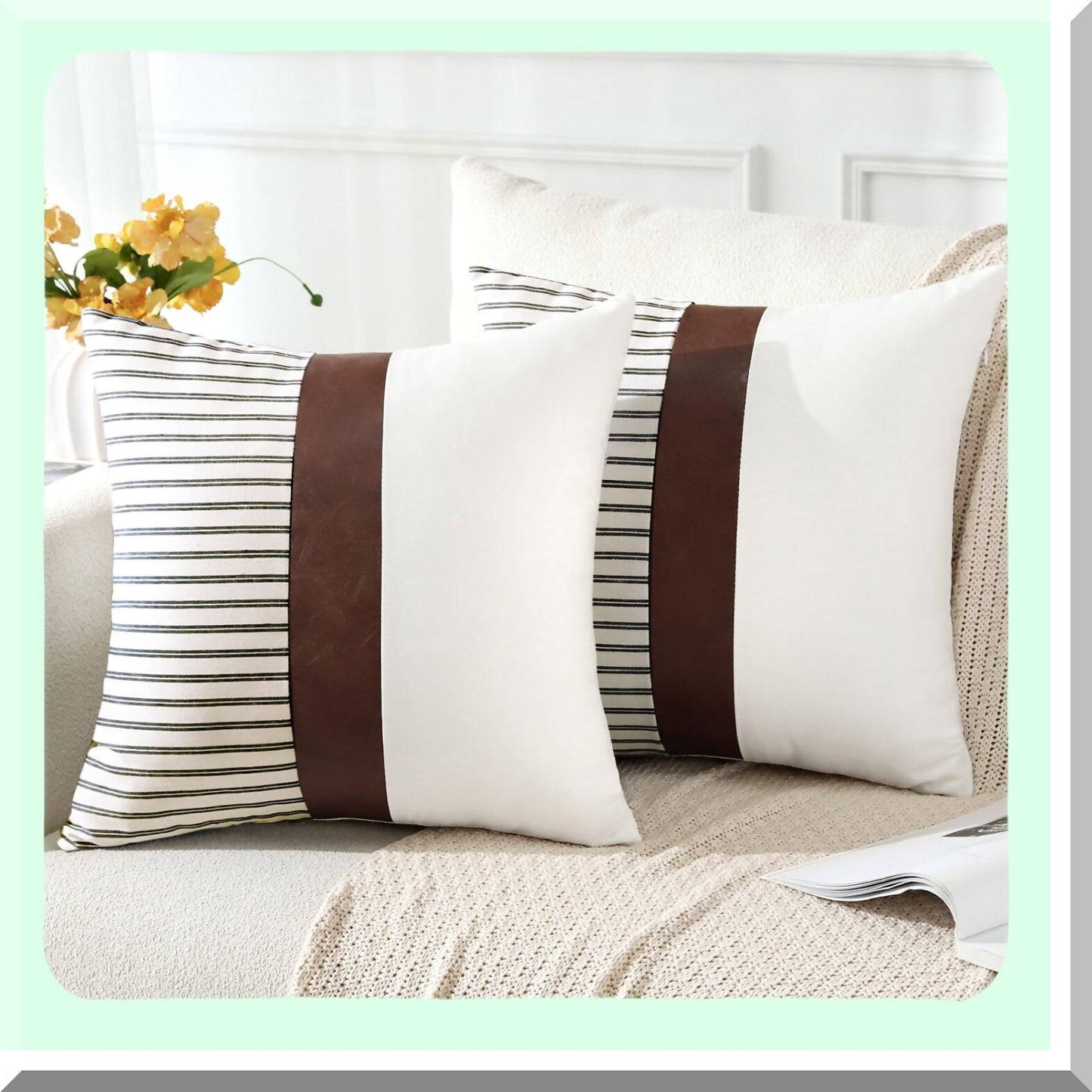 Striped Leather Patchwork Pillow Covers - Set of 2, 20x20 Inch Farmhouse Boho Decorative Throw Pillow Cases for Couch, Sofa, Bed - Living Room Home Decor - Stripe Coffee Cushion Covers