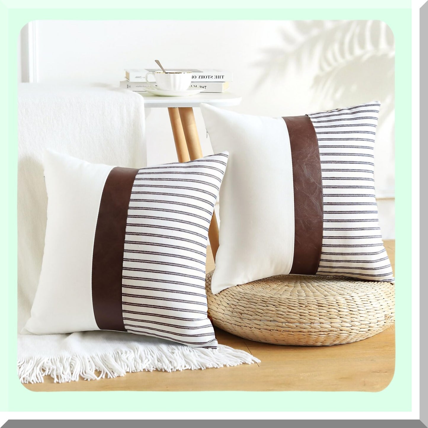 Striped Leather Patchwork Pillow Covers - Set of 2, 20x20 Inch Farmhouse Boho Decorative Throw Pillow Cases for Couch, Sofa, Bed - Living Room Home Decor - Stripe Coffee Cushion Covers