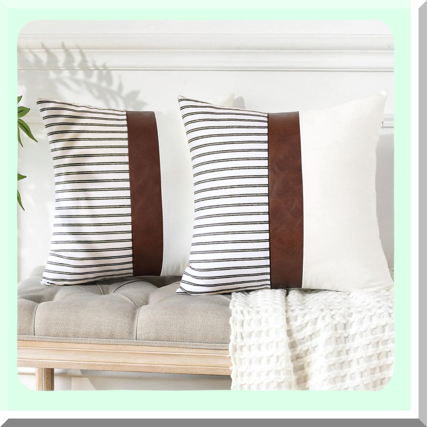 Striped Leather Patchwork Pillow Covers - Set of 2, 20x20 Inch Farmhouse Boho Decorative Throw Pillow Cases for Couch, Sofa, Bed - Living Room Home Decor - Stripe Coffee Cushion Covers