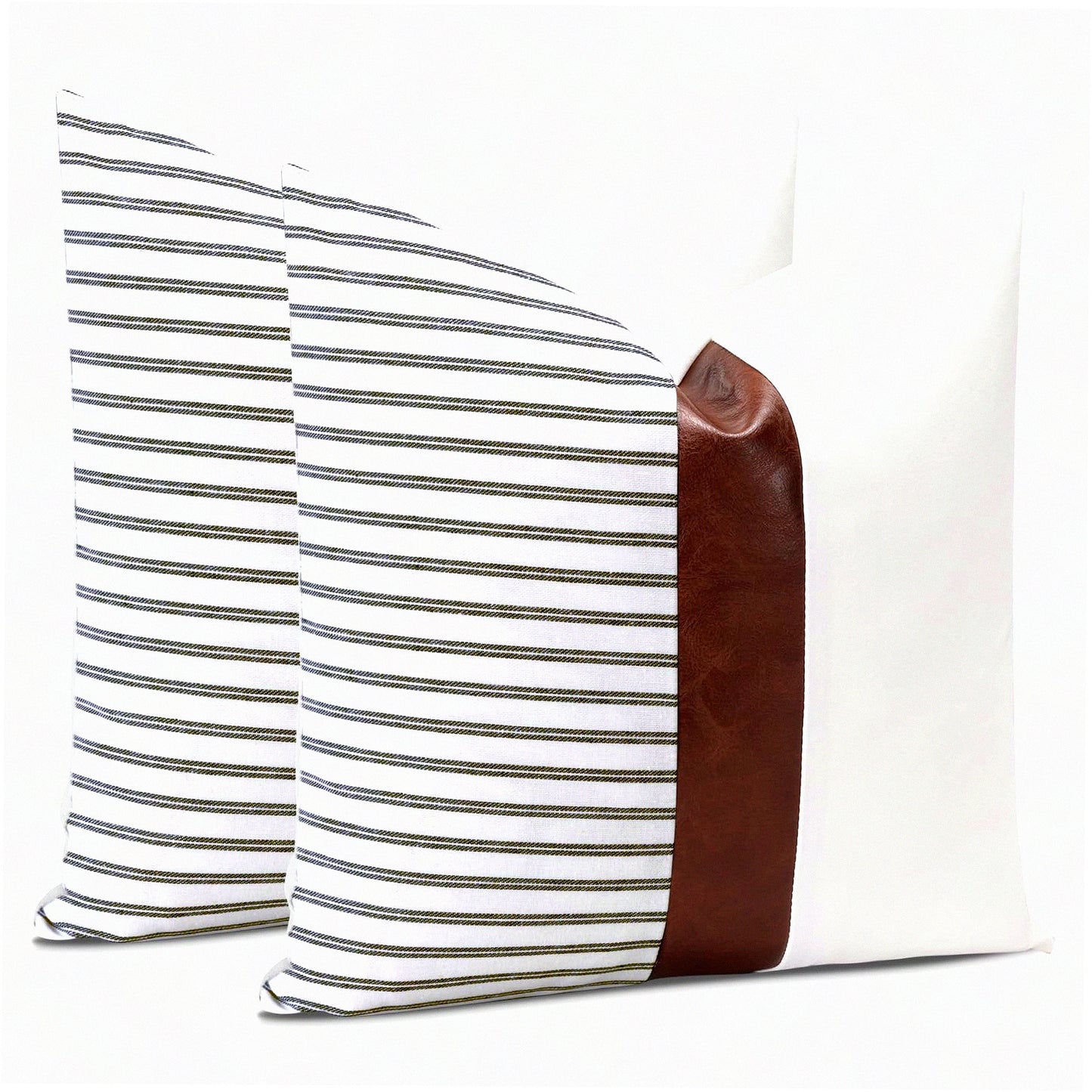 Striped Leather Patchwork Pillow Covers - Set of 2, 20x20 Inch Farmhouse Boho Decorative Throw Pillow Cases for Couch, Sofa, Bed - Living Room Home Decor - Stripe Coffee Cushion Covers