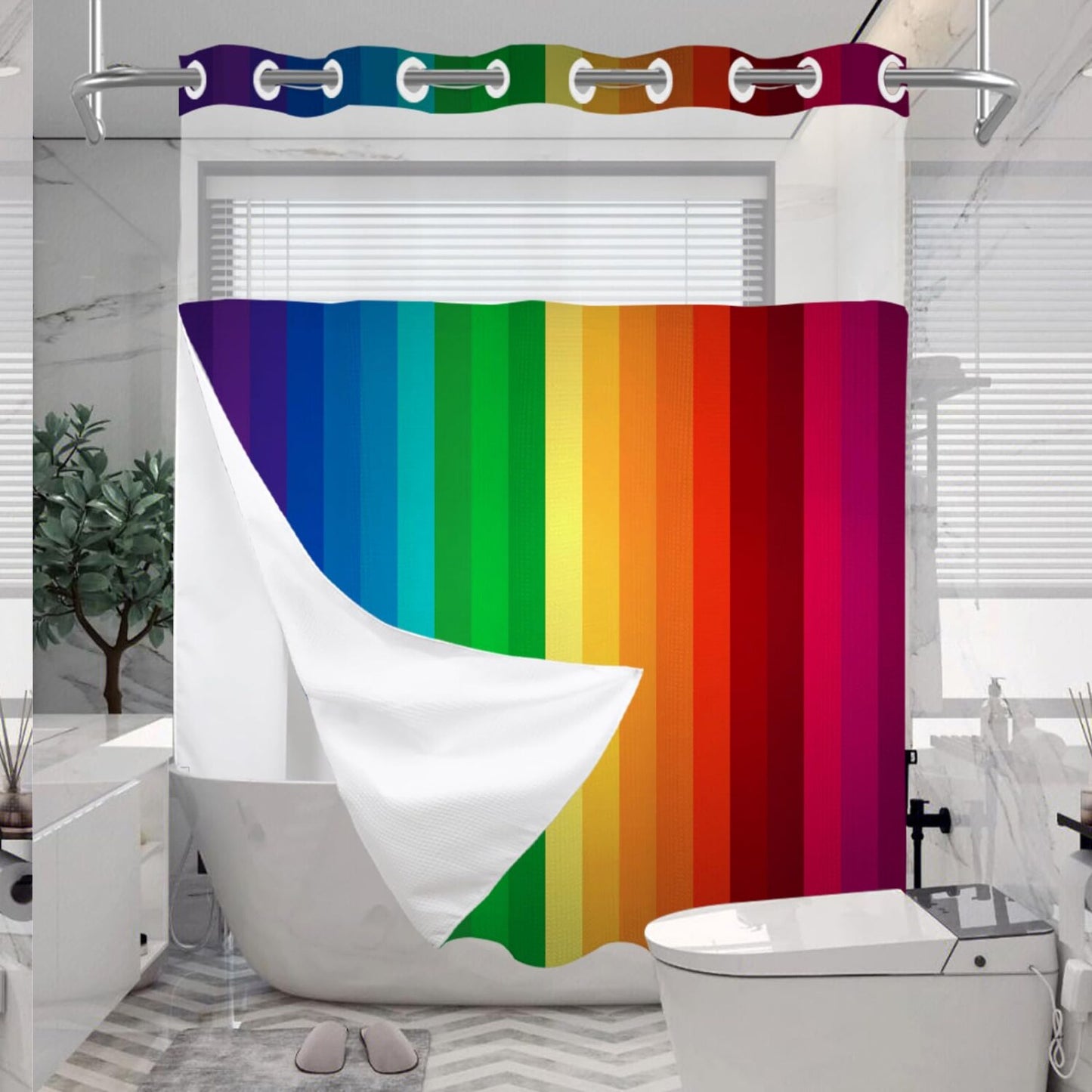 Fabric Rainbow Waffle Shower Curtain Set 72" x 74"