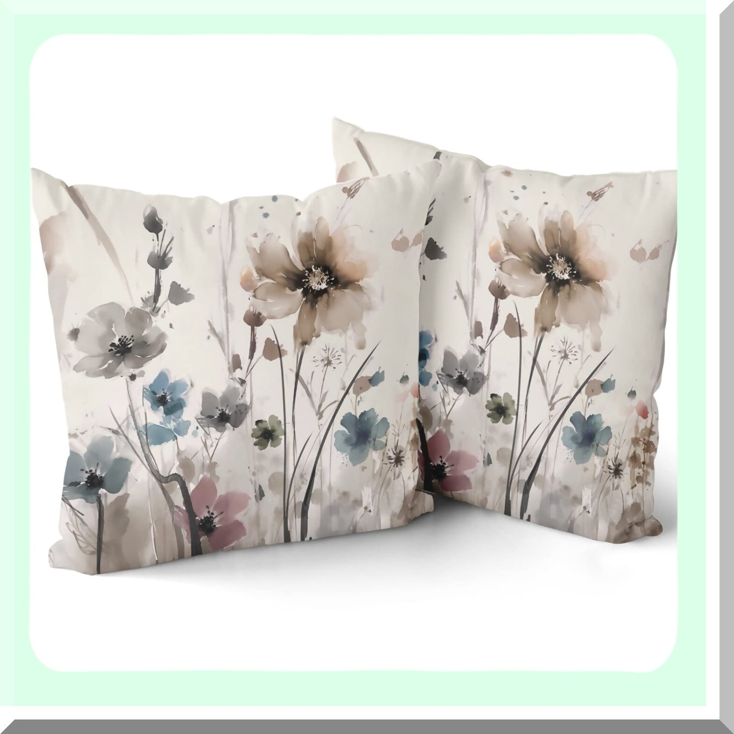 Rustic Floral Watercolor Pillow Covers - Set of 2, 18x18 Farmhouse Decorative Throw Pillows in Brown Grey, Cream Gray, Blue Flower Print - Modern Art Cushion Case