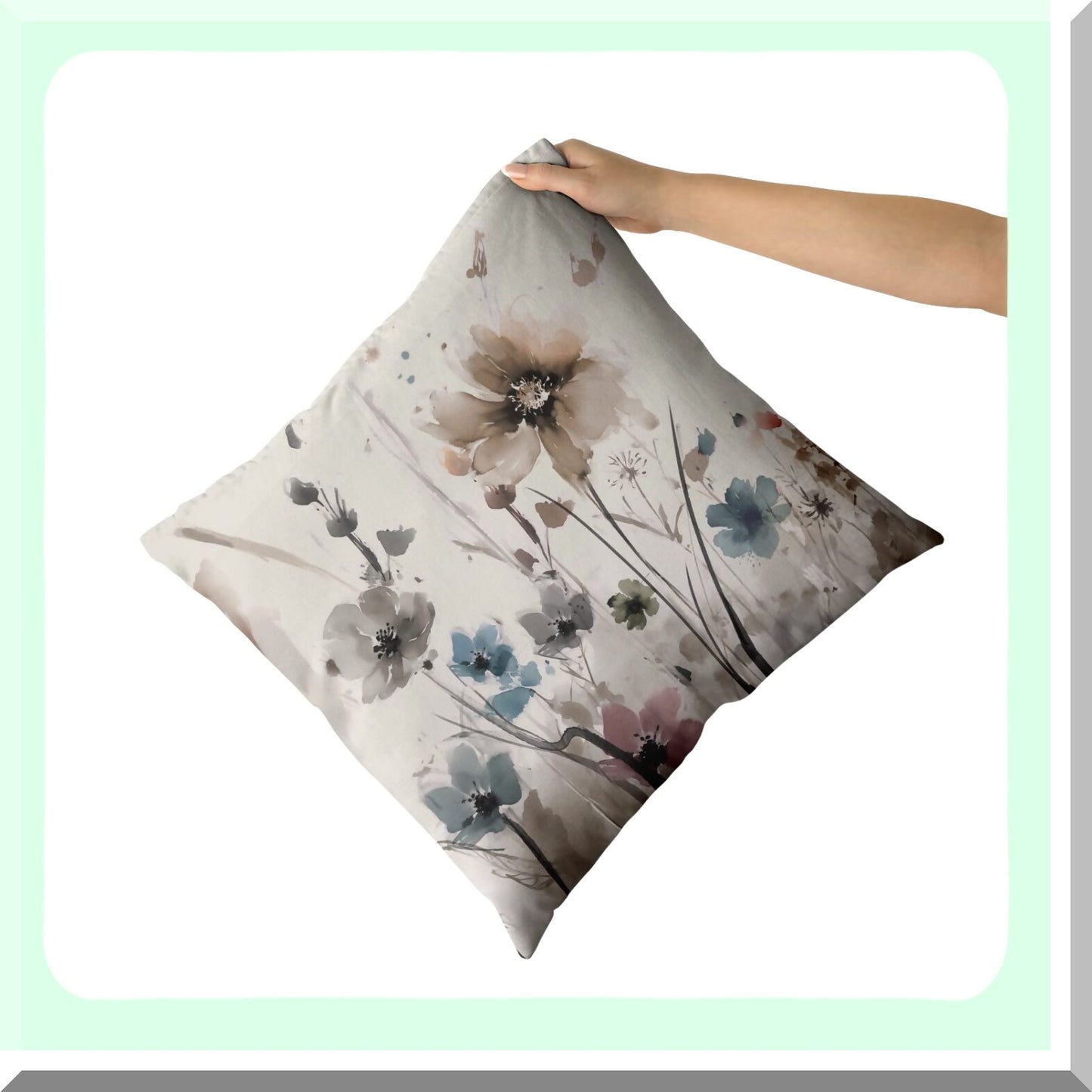 Rustic Floral Watercolor Pillow Covers - Set of 2, 18x18 Farmhouse Decorative Throw Pillows in Brown Grey, Cream Gray, Blue Flower Print - Modern Art Cushion Case