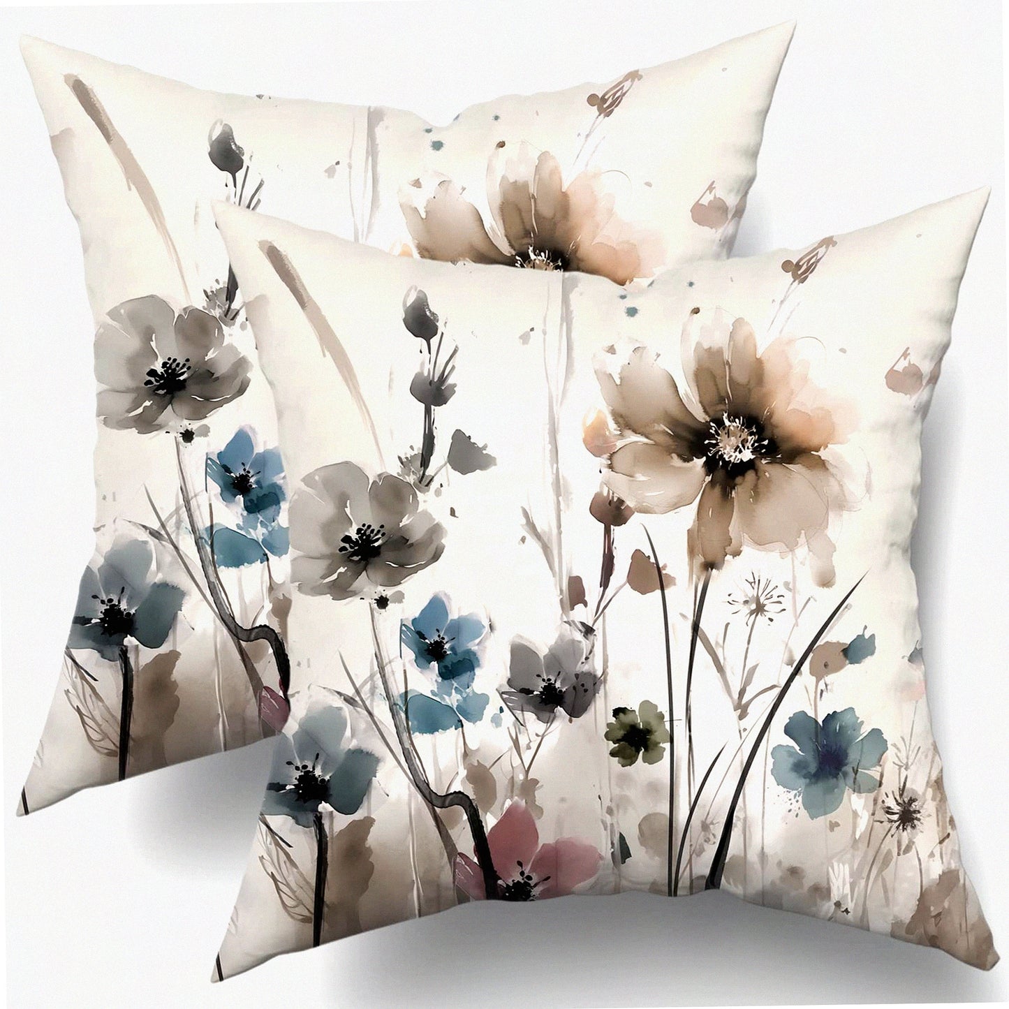 Rustic Floral Watercolor Pillow Covers - Set of 2, 18x18 Farmhouse Decorative Throw Pillows in Brown Grey, Cream Gray, Blue Flower Print - Modern Art Cushion Case