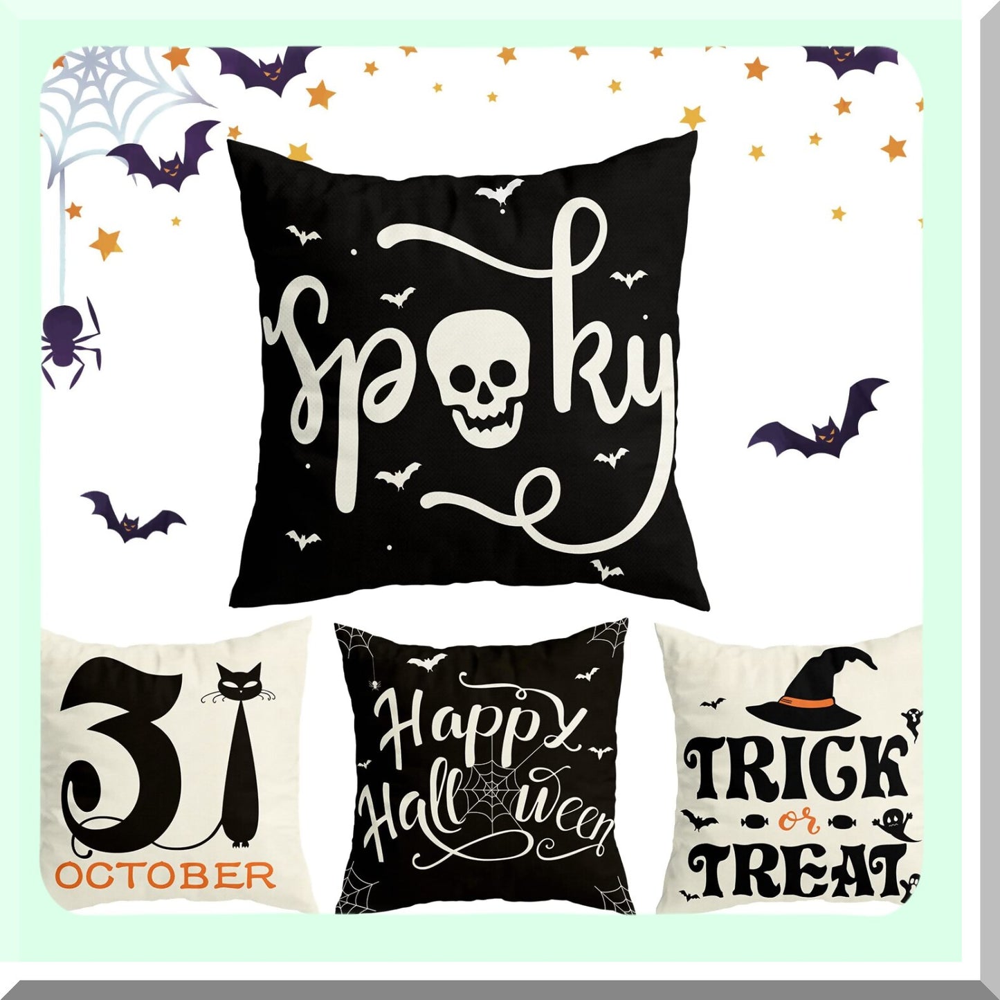 Halloween Spider Web Cat Skull Pillow Covers Set - Farmhouse Decorative Cushion Case 20x20 Indoor Outdoor Party Supplies Throw Pillows Cover