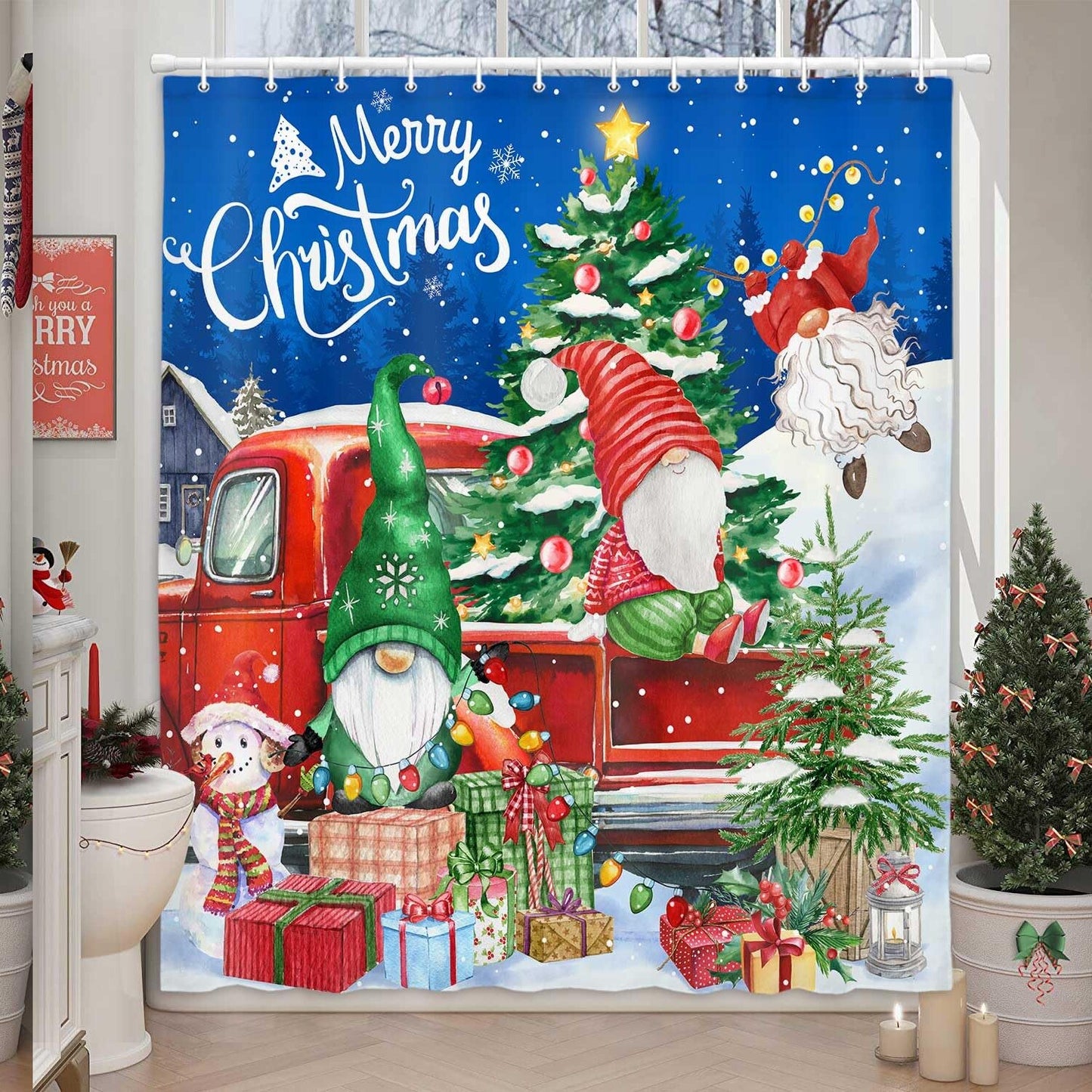 Xmas Gnome Fir Tree Shower Curtain Set 70x70in