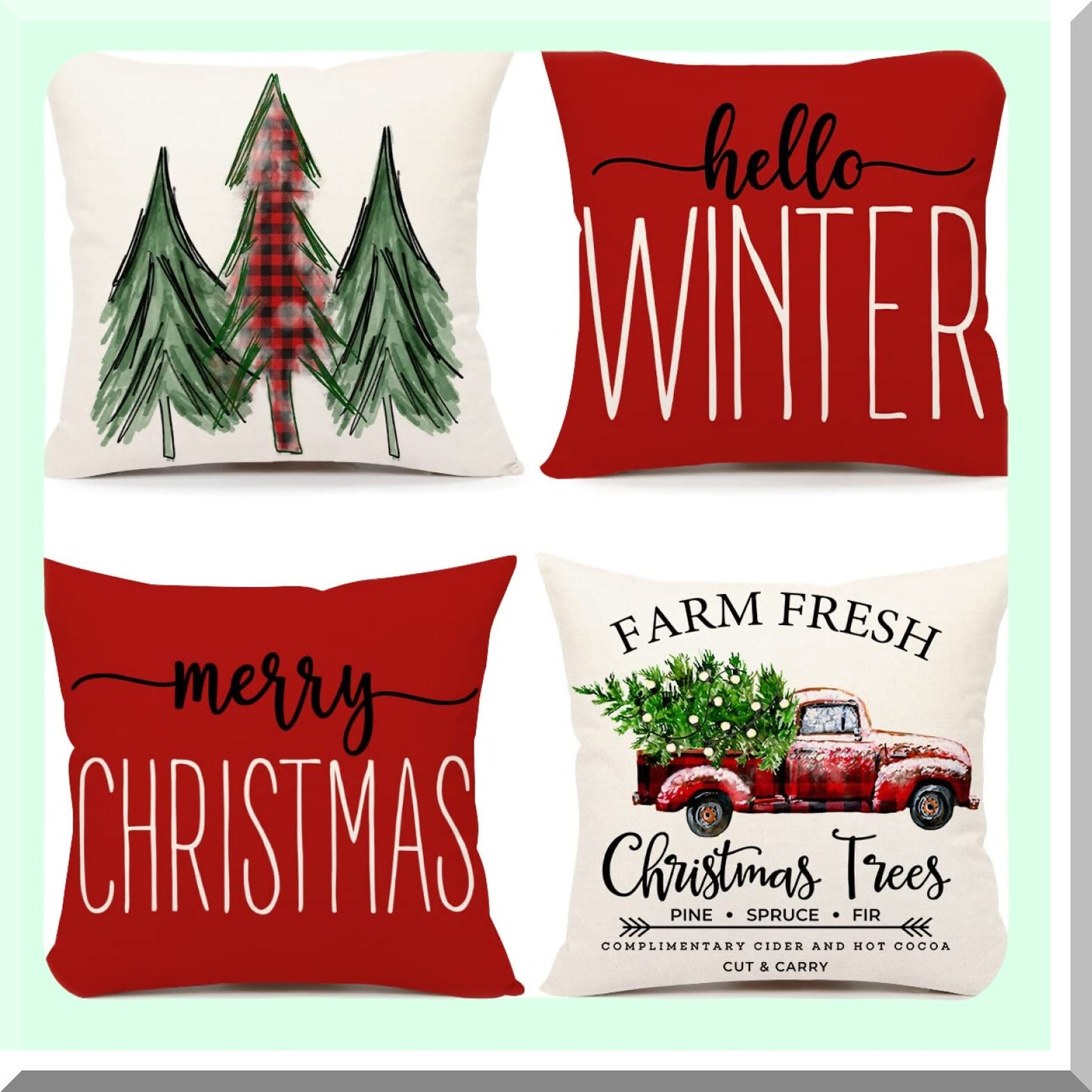 Winter Farmhouse Pillow Covers Set - Red 20x20 Throw Cushion Case Decorations for Home Couch - Merry Tree Truck Holiday Decor - S22C34-20