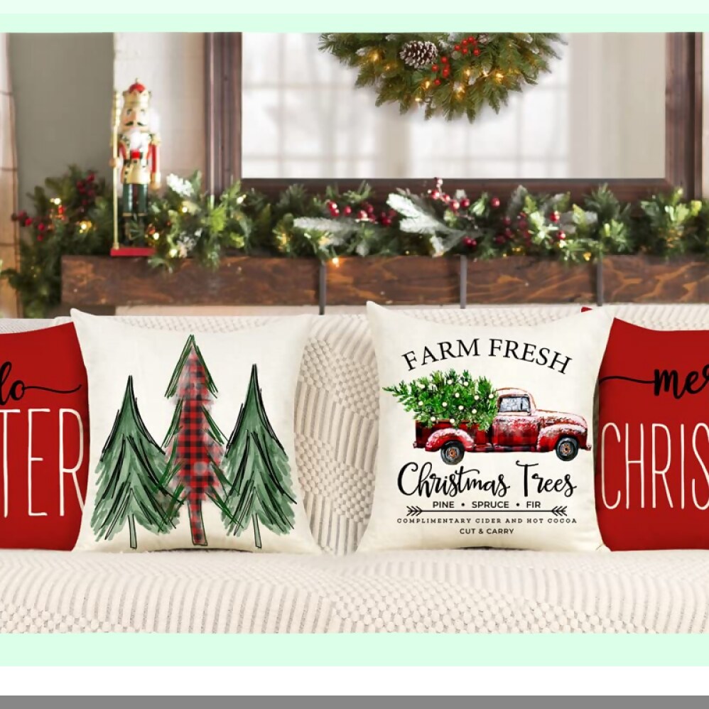 Winter Farmhouse Pillow Covers Set - Red 20x20 Throw Cushion Case Decorations for Home Couch - Merry Tree Truck Holiday Decor - S22C34-20