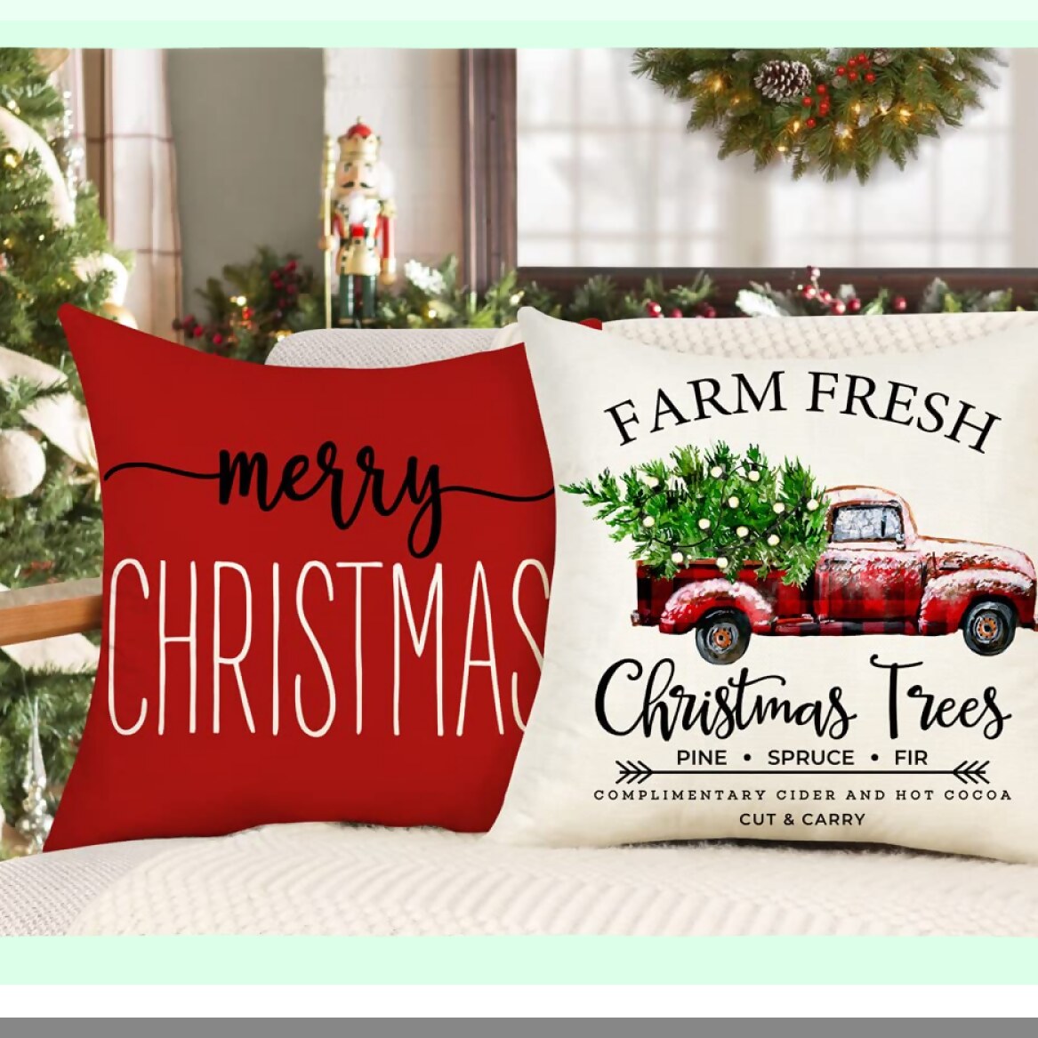 Winter Farmhouse Pillow Covers Set - Red 20x20 Throw Cushion Case Decorations for Home Couch - Merry Tree Truck Holiday Decor - S22C34-20