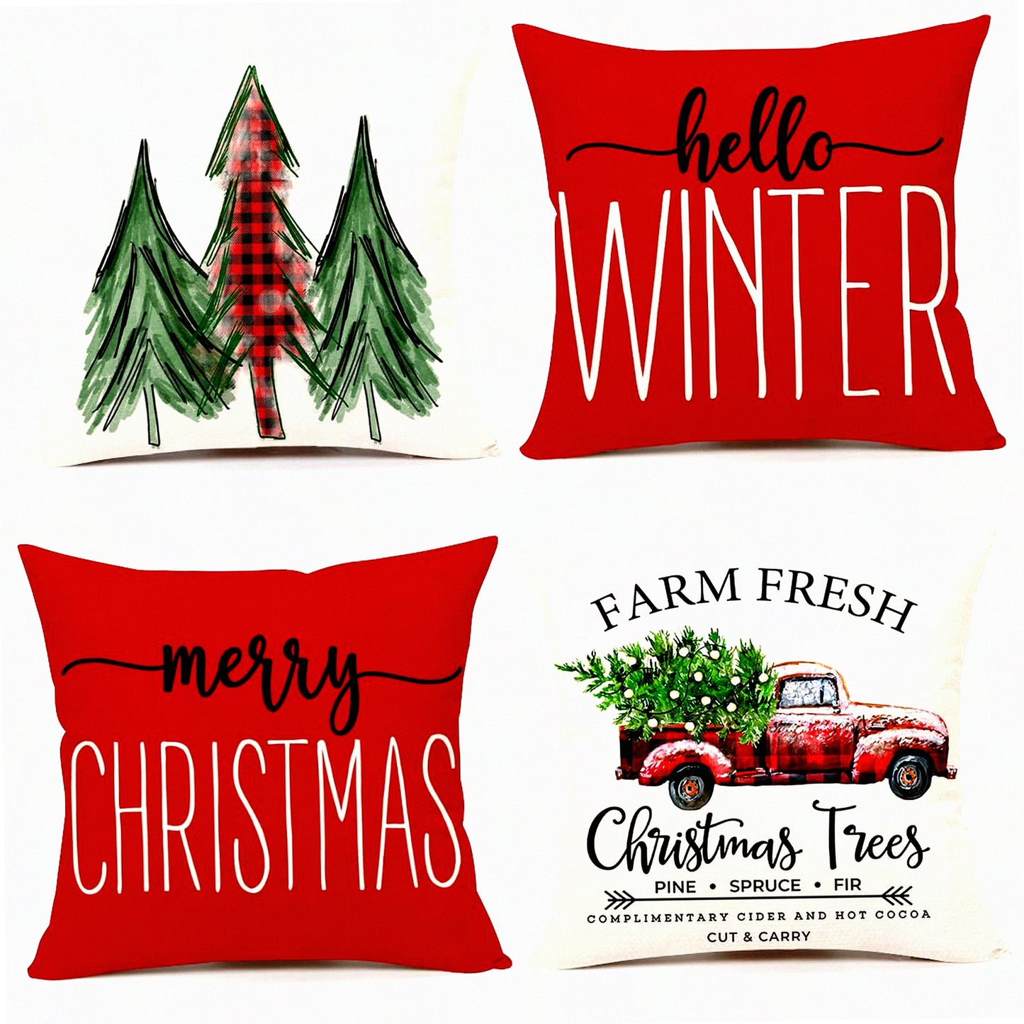 Winter Farmhouse Pillow Covers Set - Red 20x20 Throw Cushion Case Decorations for Home Couch - Merry Tree Truck Holiday Decor - S22C34-20