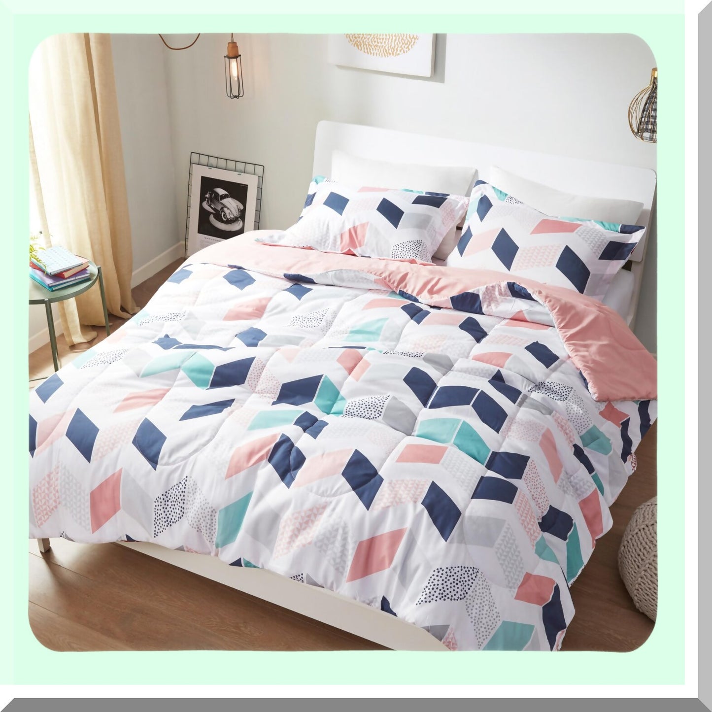 Vibrant Chevron Comforter Set - All Season Down Alternative Bedding with Matching Sham - Twin XL Size - Multi/Blush - Ruched Design - Cozy Bedroom Decor