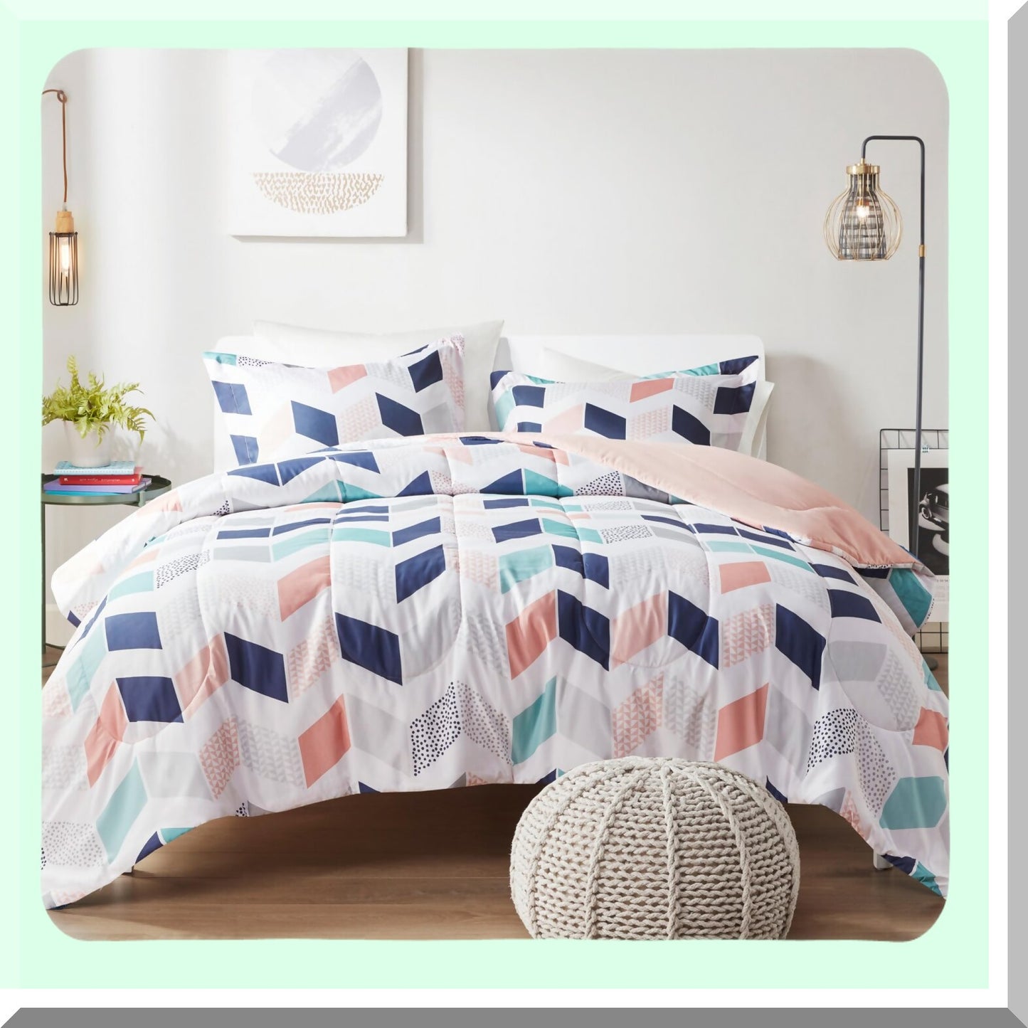 Vibrant Chevron Comforter Set - All Season Down Alternative Bedding with Matching Sham - Twin XL Size - Multi/Blush - Ruched Design - Cozy Bedroom Decor
