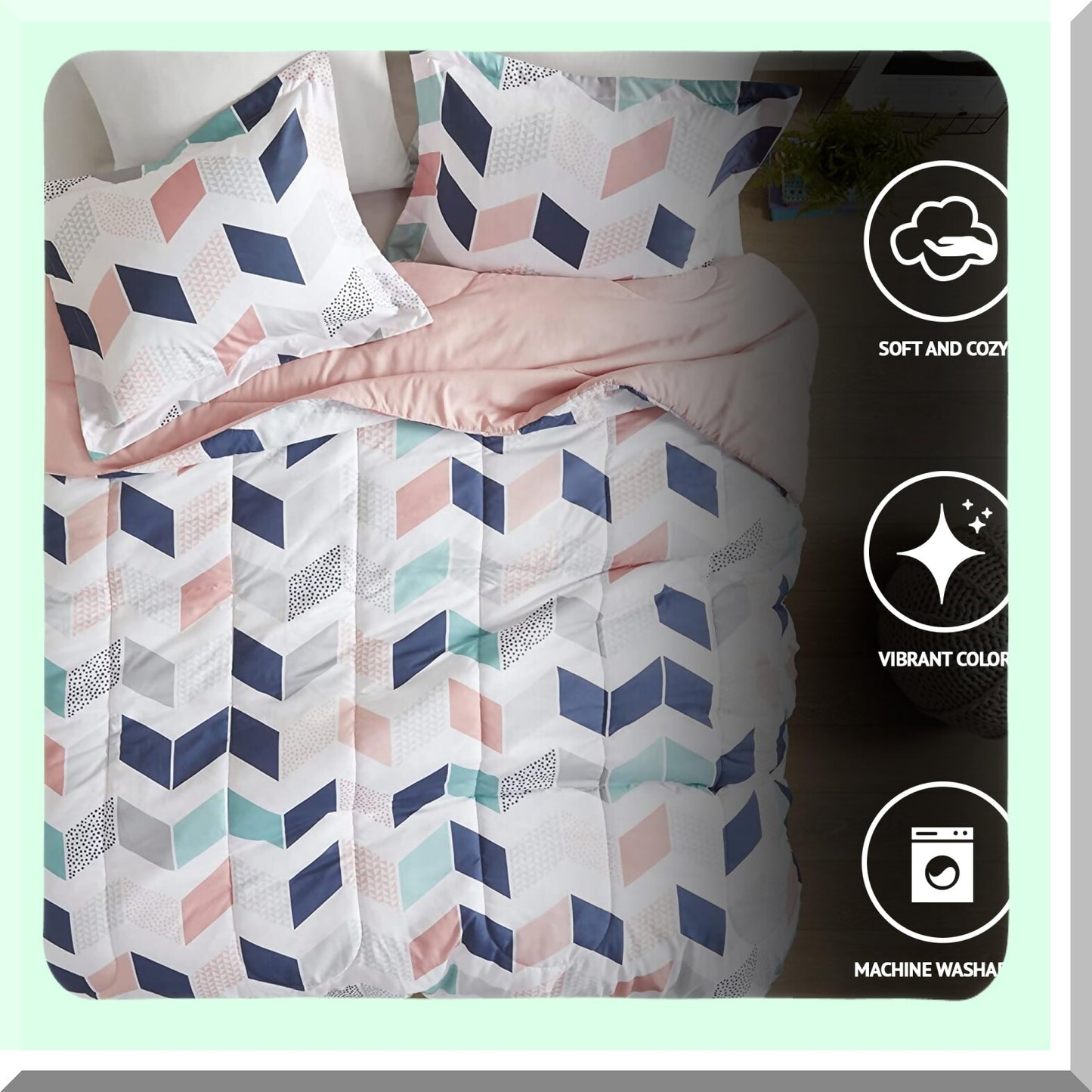 Vibrant Chevron Comforter Set - All Season Down Alternative Bedding with Matching Sham - Twin XL Size - Multi/Blush - Ruched Design - Cozy Bedroom Decor