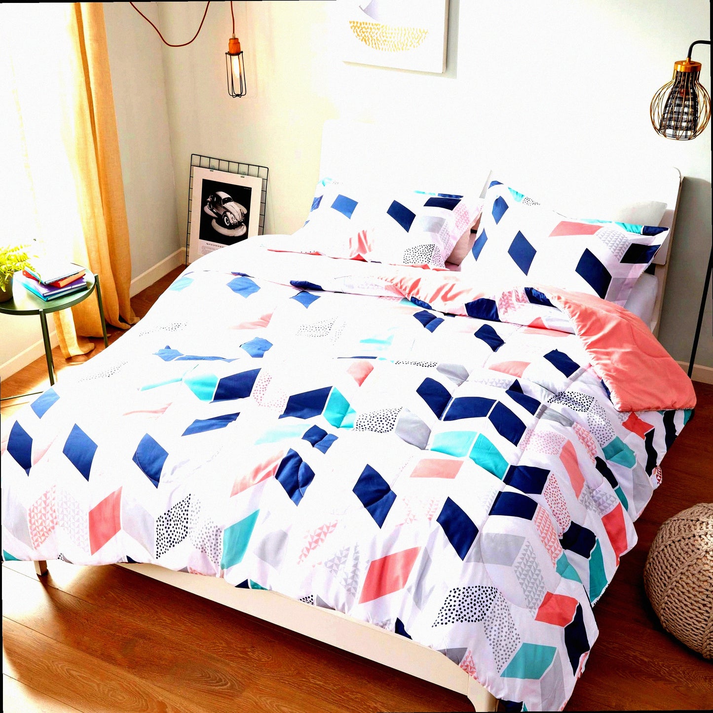 Vibrant Chevron Comforter Set - All Season Down Alternative Bedding with Matching Sham - Twin XL Size - Multi/Blush - Ruched Design - Cozy Bedroom Decor