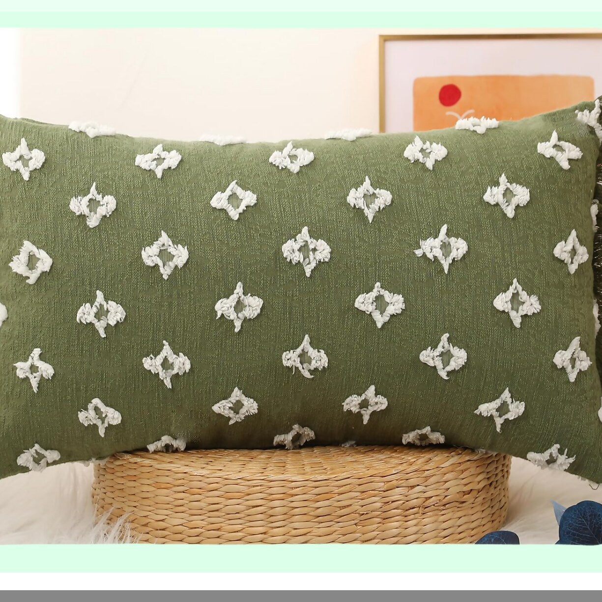 Sage Green Boho 3D Flower Long Lumbar Pillow Cover - Decorative Cotton Pillow Case for Sofa Couch Bed - Farmhouse Tel Patterned 16x26