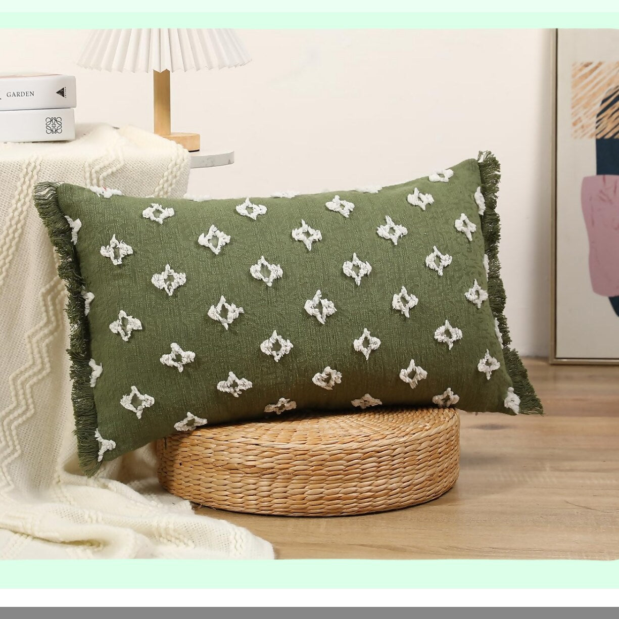Sage Green Boho 3D Flower Long Lumbar Pillow Cover - Decorative Cotton Pillow Case for Sofa Couch Bed - Farmhouse Tel Patterned 16x26