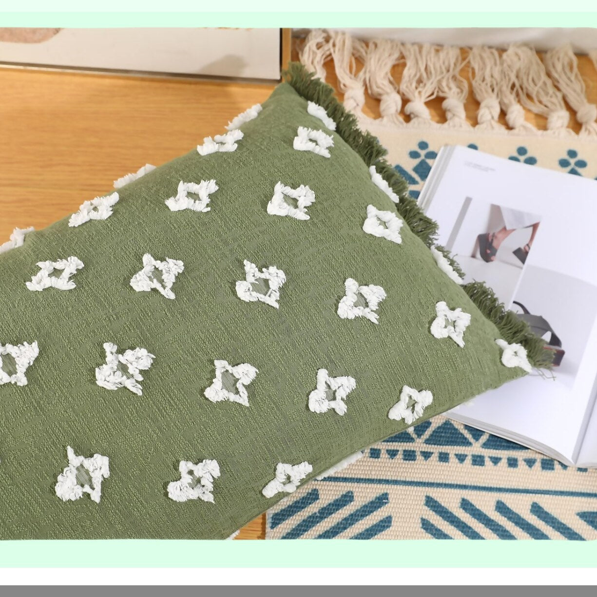 Sage Green Boho 3D Flower Long Lumbar Pillow Cover - Decorative Cotton Pillow Case for Sofa Couch Bed - Farmhouse Tel Patterned 16x26