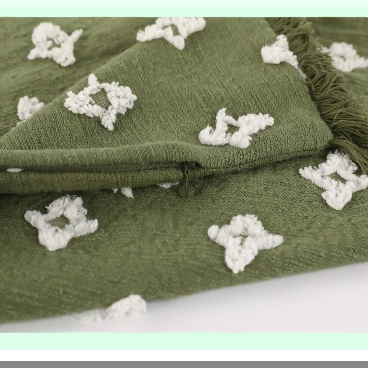 Sage Green Boho 3D Flower Long Lumbar Pillow Cover - Decorative Cotton Pillow Case for Sofa Couch Bed - Farmhouse Tel Patterned 16x26