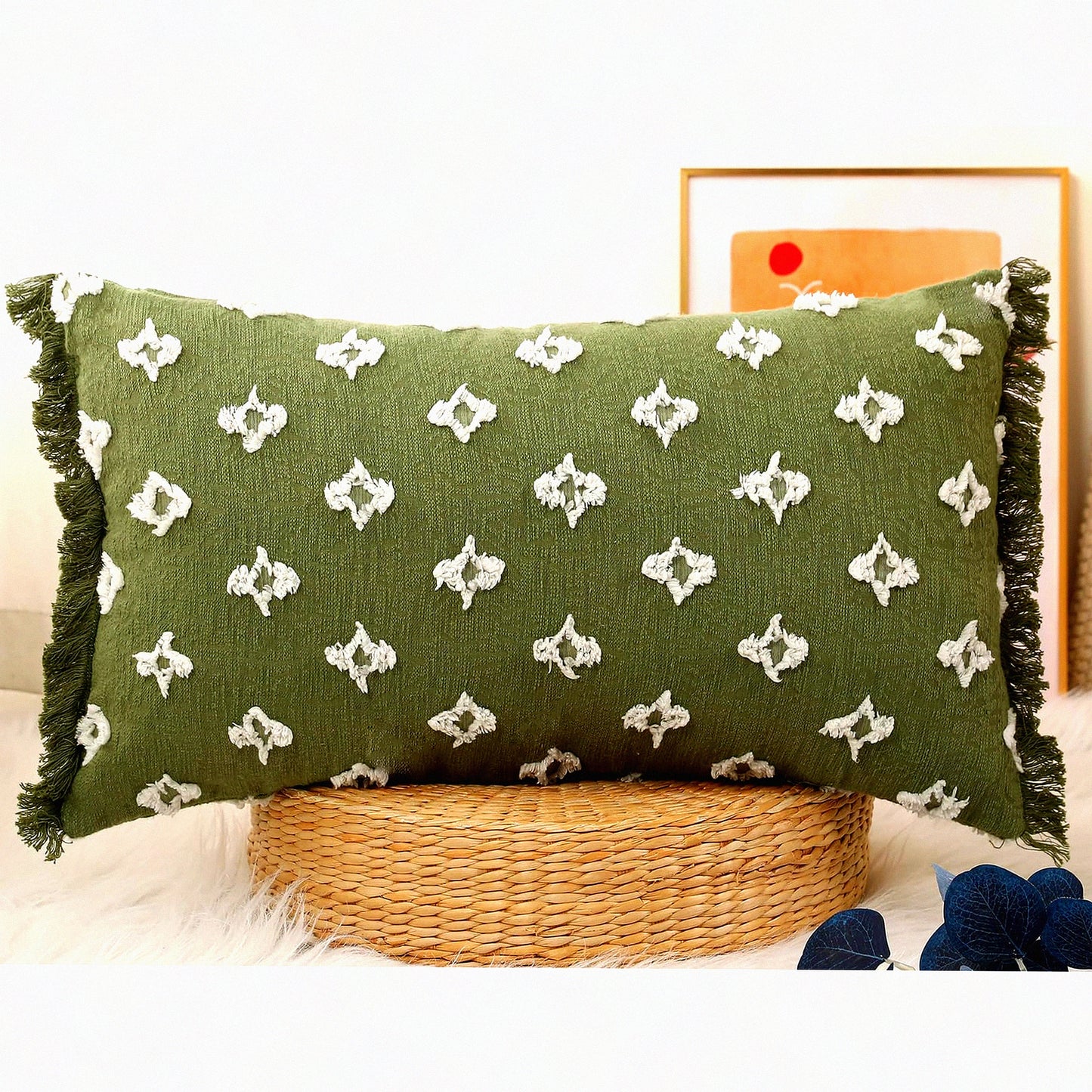 Sage Green Boho 3D Flower Long Lumbar Pillow Cover - Decorative Cotton Pillow Case for Sofa Couch Bed - Farmhouse Tel Patterned 16x26