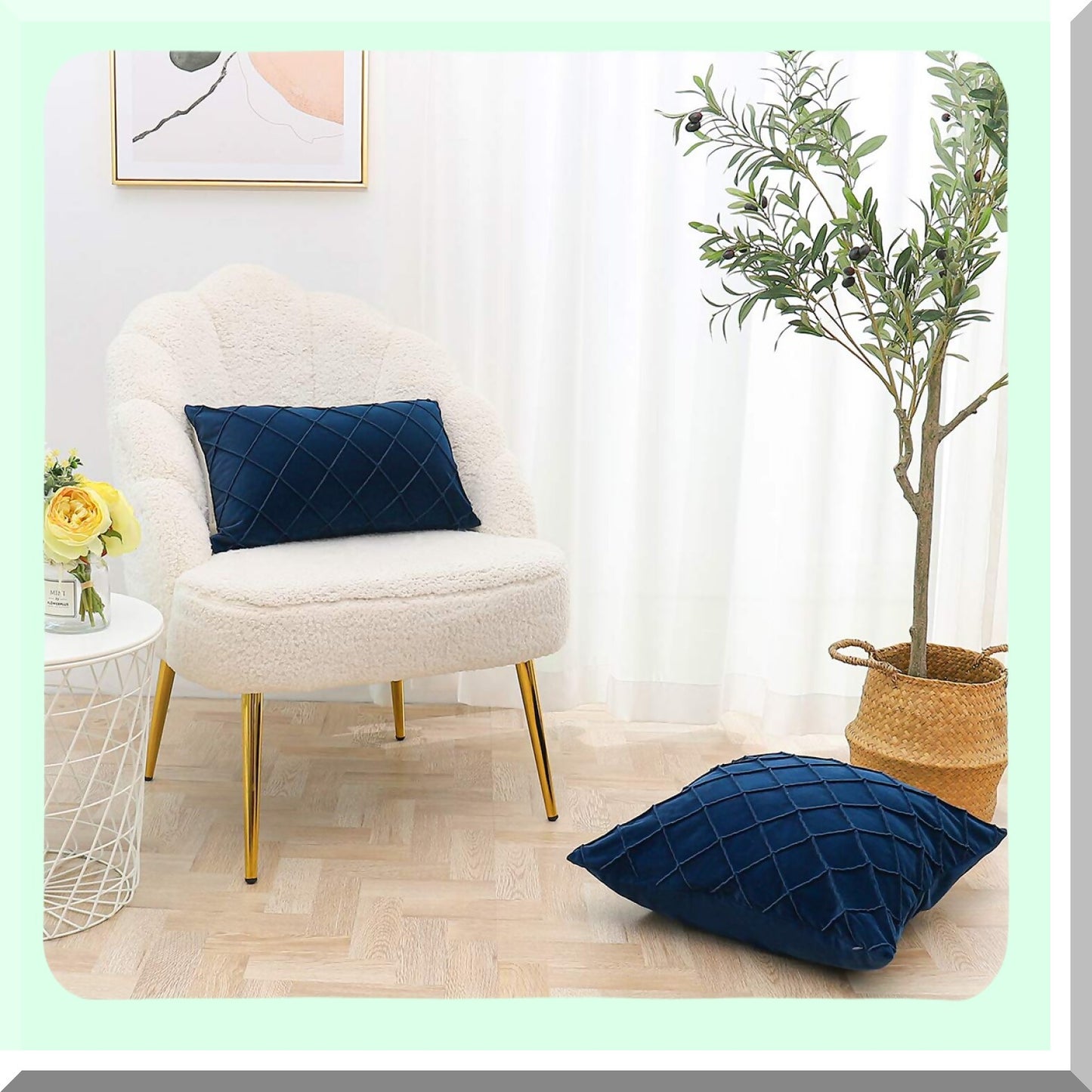 Velvet Pleated Navy Blue Lumbar Pillow Cover - Soft Decorative Throw Cushion Case for Couch & Bedroom - 12x20 Inch - Small & Textured - 1PC