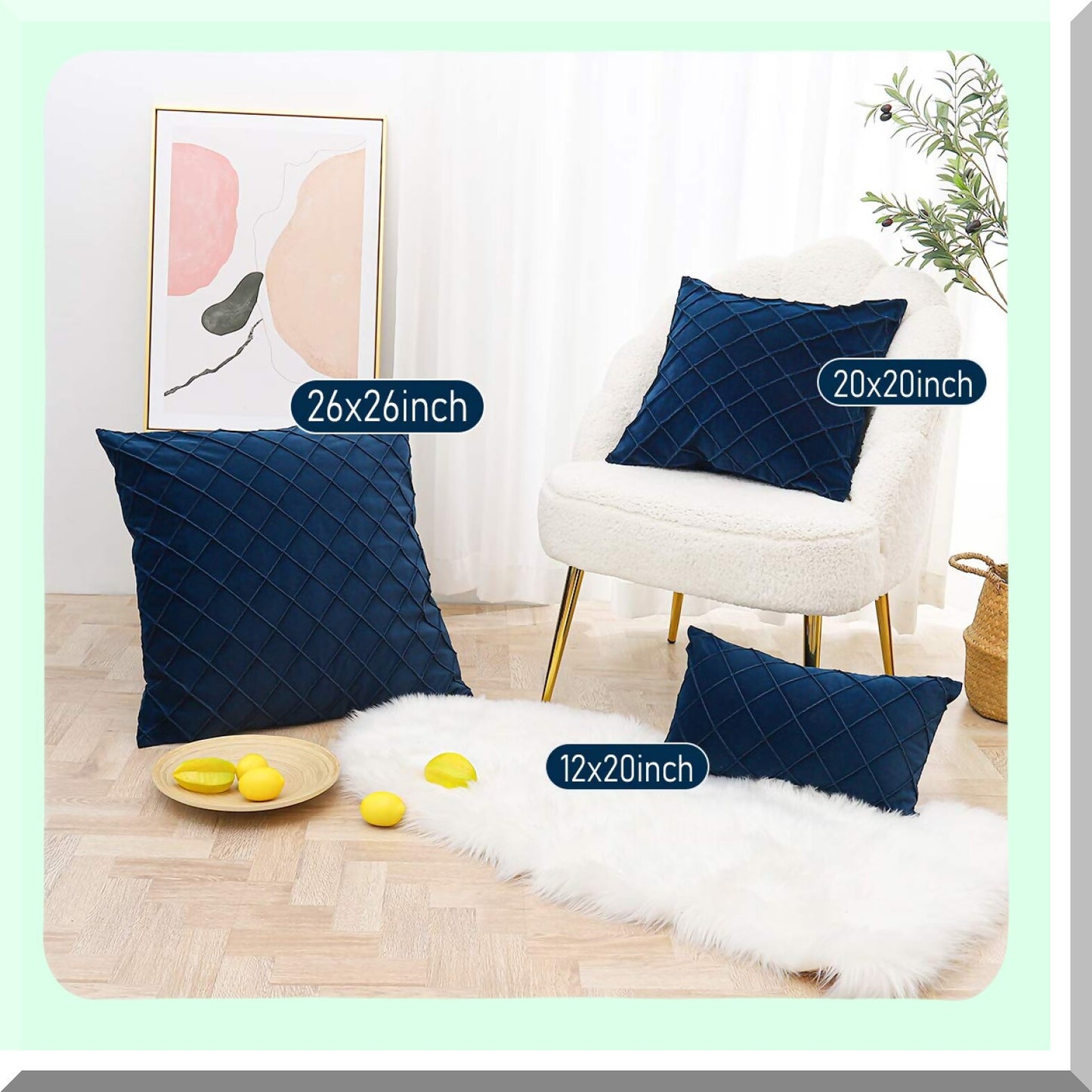 Velvet Pleated Navy Blue Lumbar Pillow Cover - Soft Decorative Throw Cushion Case for Couch & Bedroom - 12x20 Inch - Small & Textured - 1PC