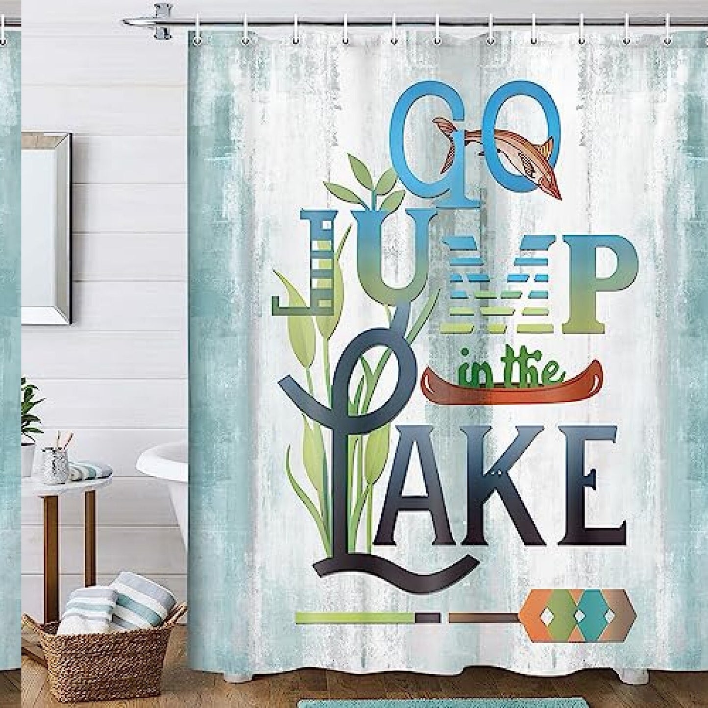 Rustic Fish Teal Wooden Shower Curtain 70x70in with Hooks