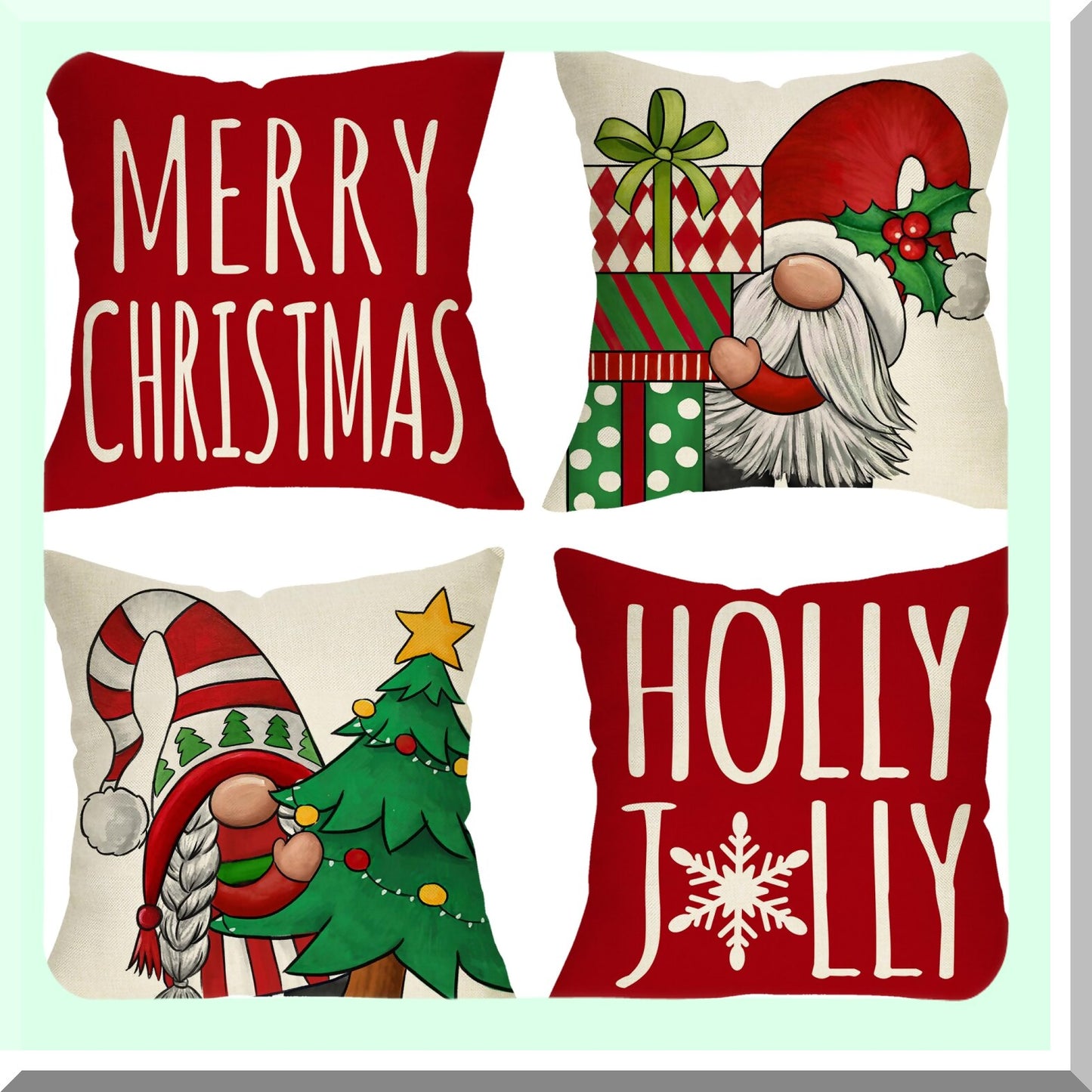 Winter Wonderland Gnome Pillow Cover Set - Festive Xmas Tree Holly Jolly Red Decor for Porch Patio Home - Snowflakes Polka Dot Outdoor Sofa Cushion Case - 18 x 18, Pack of 4