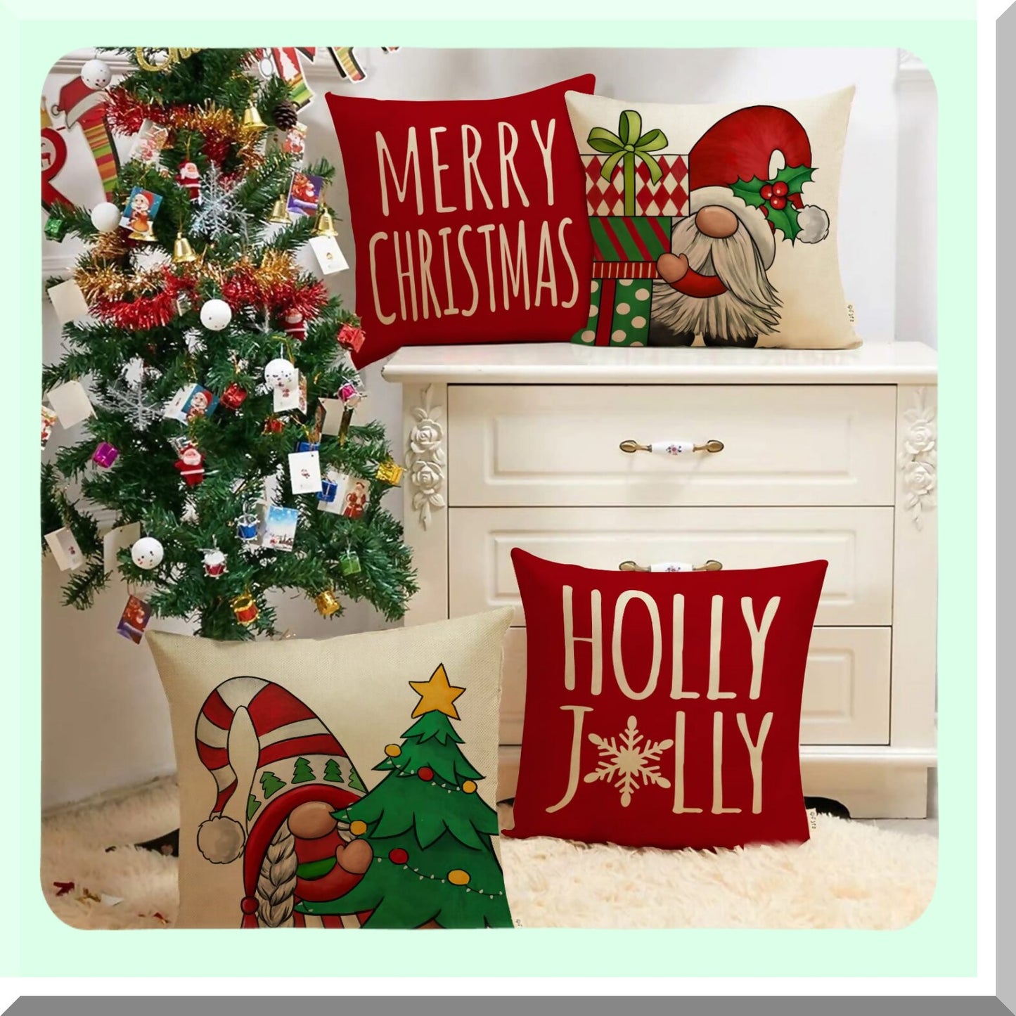 Winter Wonderland Gnome Pillow Cover Set - Festive Xmas Tree Holly Jolly Red Decor for Porch Patio Home - Snowflakes Polka Dot Outdoor Sofa Cushion Case - 18 x 18, Pack of 4