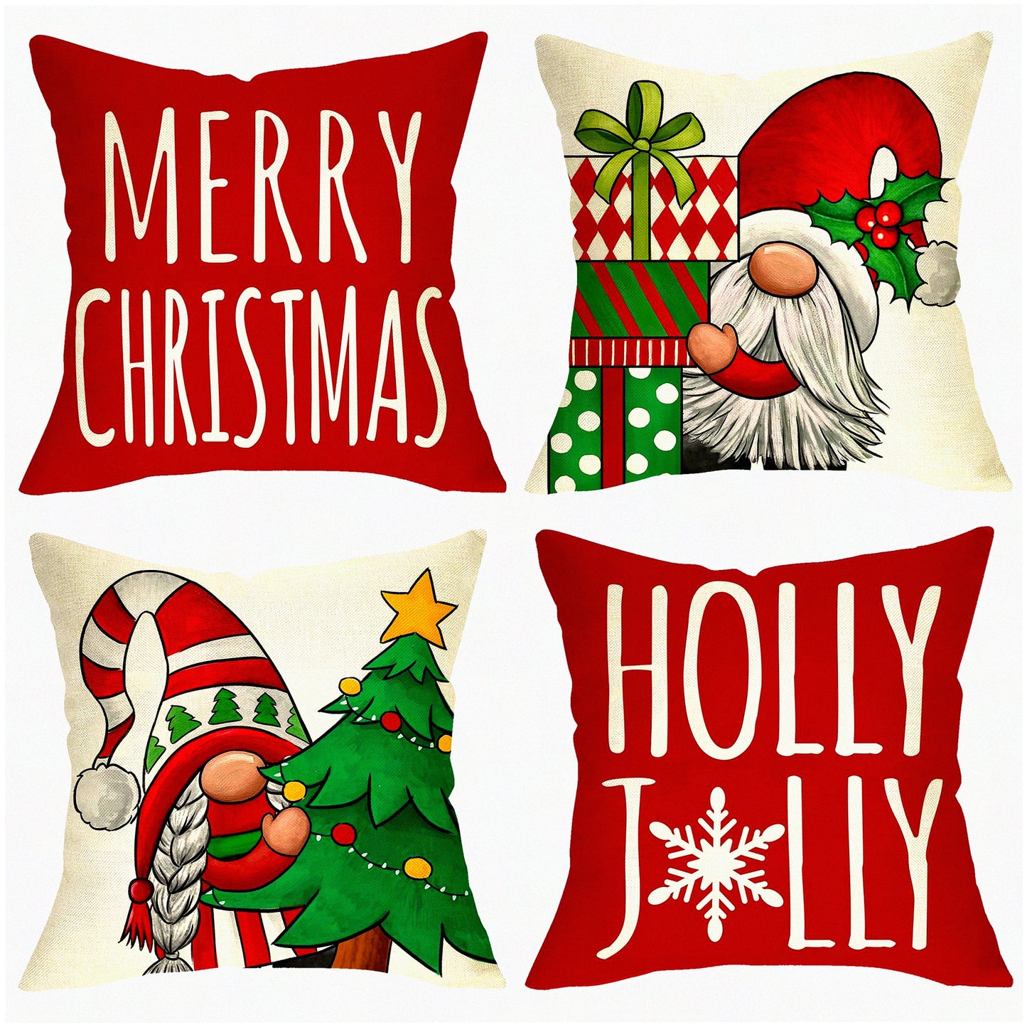 Winter Wonderland Gnome Pillow Cover Set - Festive Xmas Tree Holly Jolly Red Decor for Porch Patio Home - Snowflakes Polka Dot Outdoor Sofa Cushion Case - 18 x 18, Pack of 4