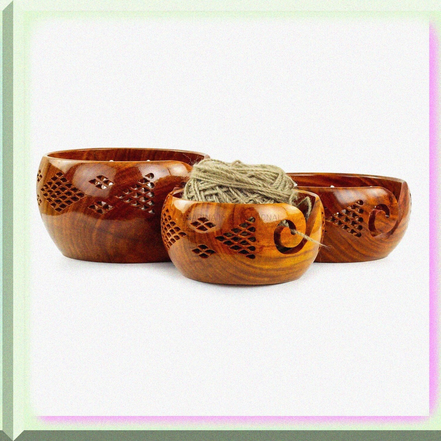 Rosewood Yarn Storage Bowls Set with Carved Grills