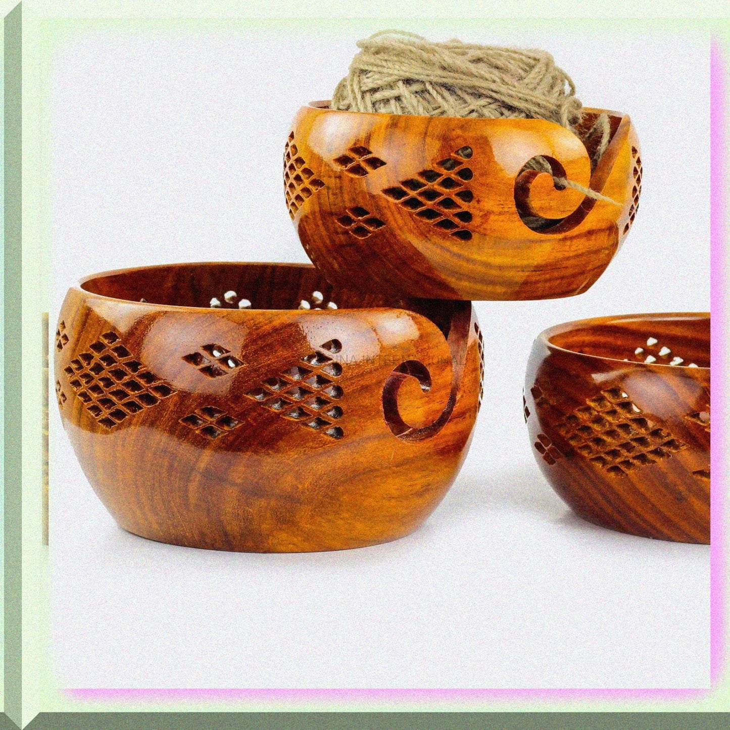 Rosewood Yarn Storage Bowls Set with Carved Grills