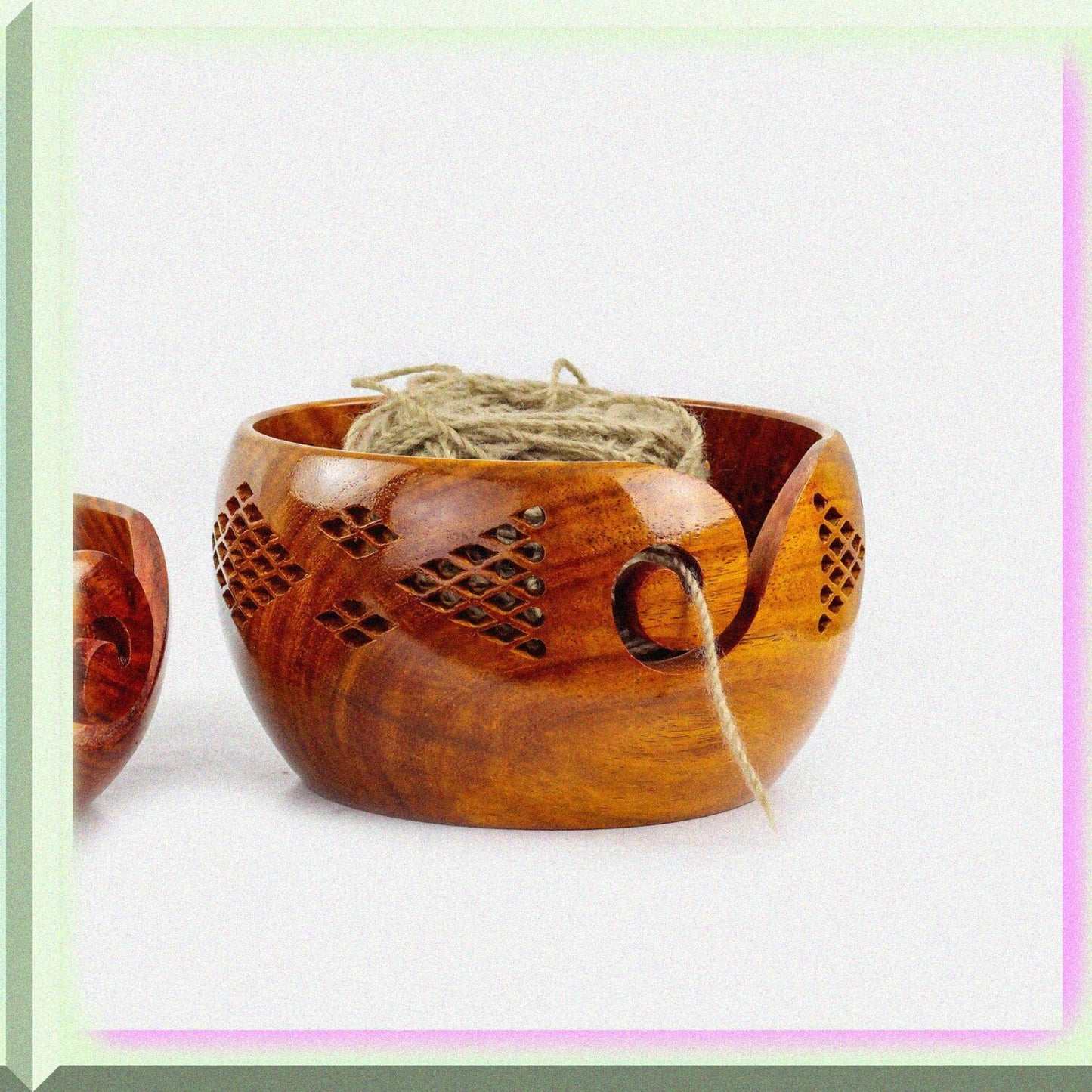 Rosewood Yarn Storage Bowls Set with Carved Grills