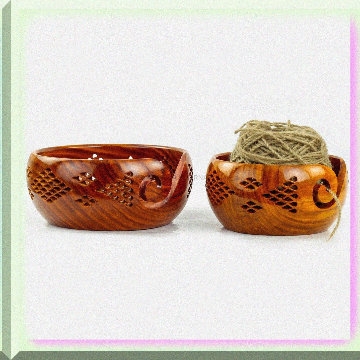 Rosewood Yarn Storage Bowls Set with Carved Grills