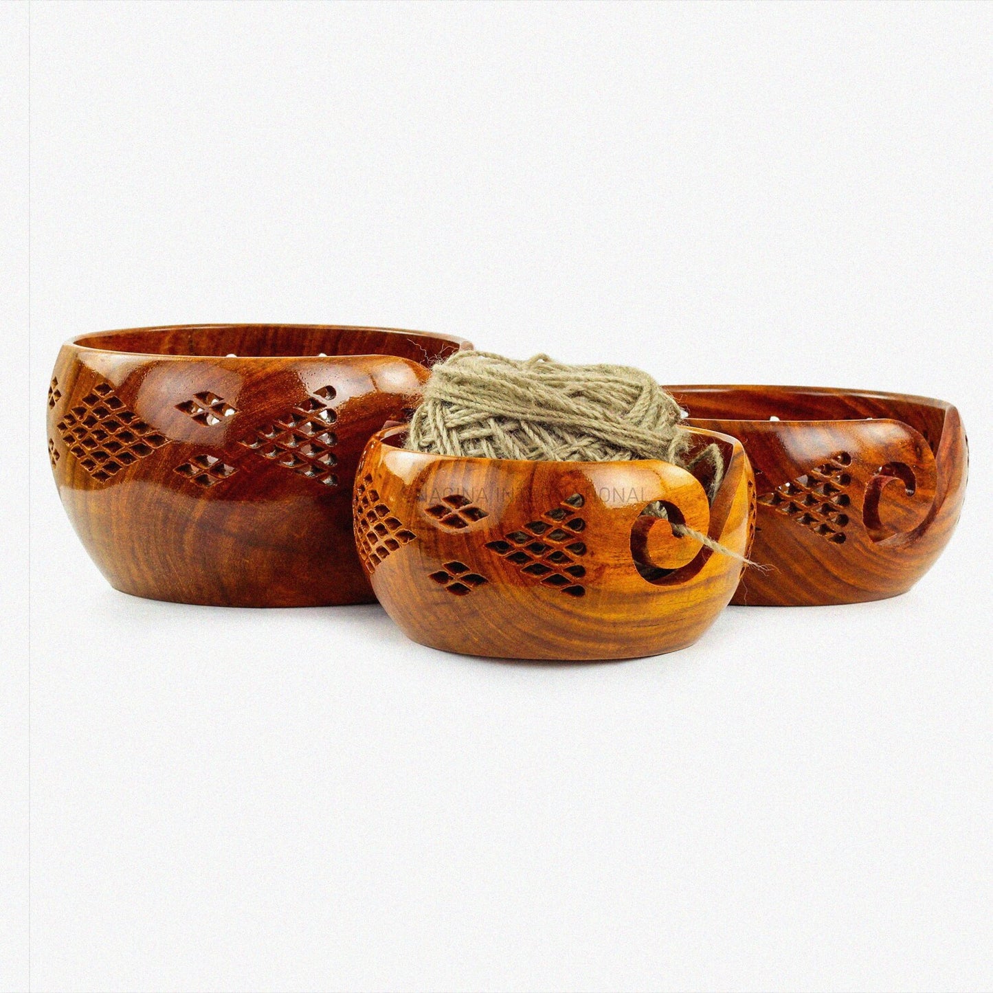 Rosewood Yarn Storage Bowls Set with Carved Grills