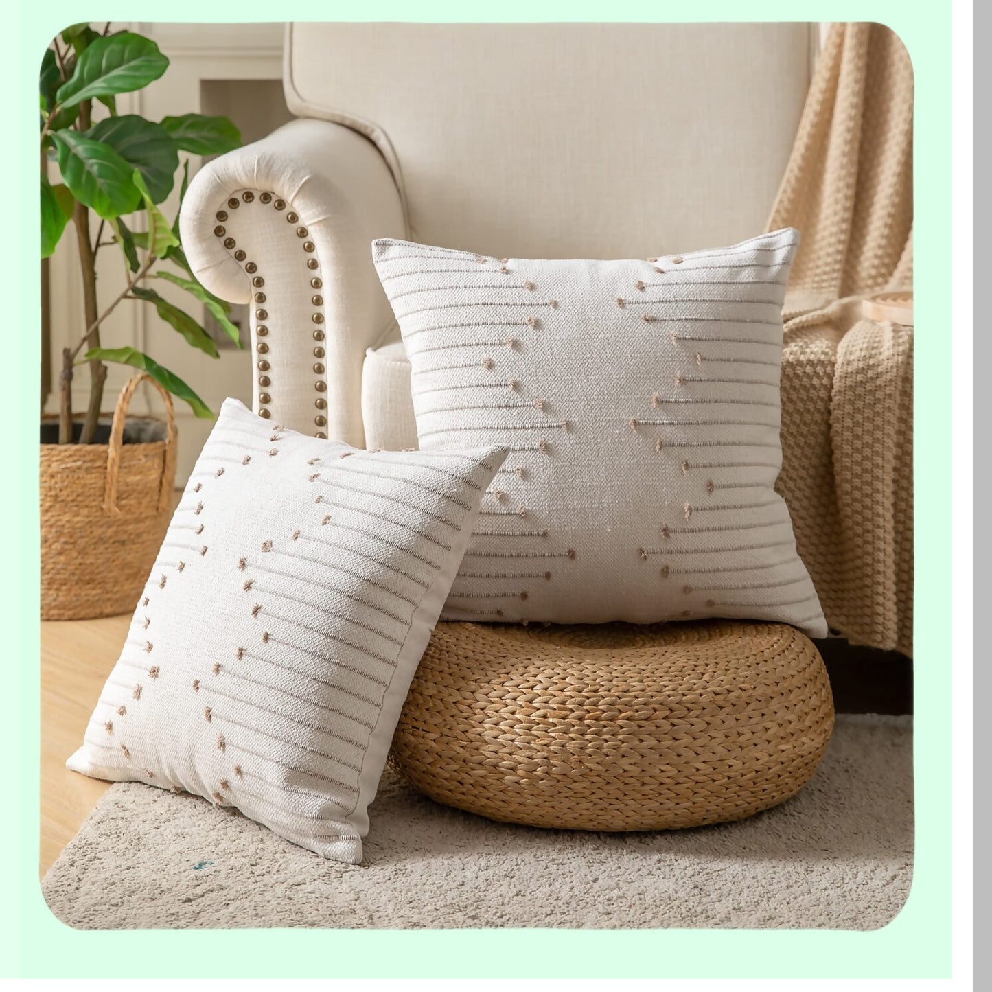 Neutral Line Farmhouse Pillow Covers - Set of 2 20x20 Decorative Throw Pillows for Bed & Sofa, Beige Tan Boho Cushion Covers for Living Room & Outdoor Décor