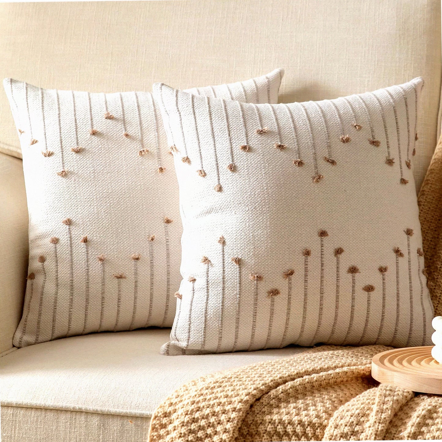 Neutral Line Farmhouse Pillow Covers - Set of 2 20x20 Decorative Throw Pillows for Bed & Sofa, Beige Tan Boho Cushion Covers for Living Room & Outdoor Décor
