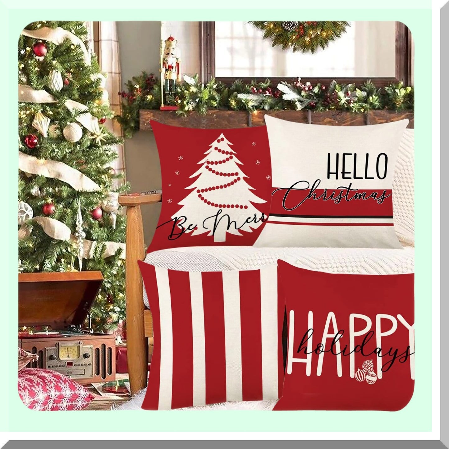 Winter Wonderland Pillow Cover Set - 18x18 Inch Red & White Holiday Decor - Farmhouse Xmas Throw Pillow Cases - Linen Decorative Cushion Covers for Couch - Set of 4