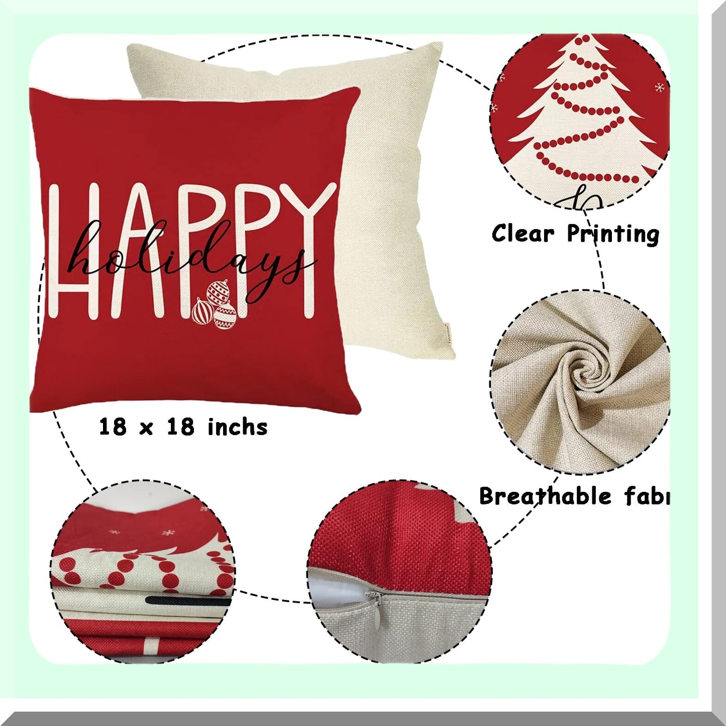 Winter Wonderland Pillow Cover Set - 18x18 Inch Red & White Holiday Decor - Farmhouse Xmas Throw Pillow Cases - Linen Decorative Cushion Covers for Couch - Set of 4