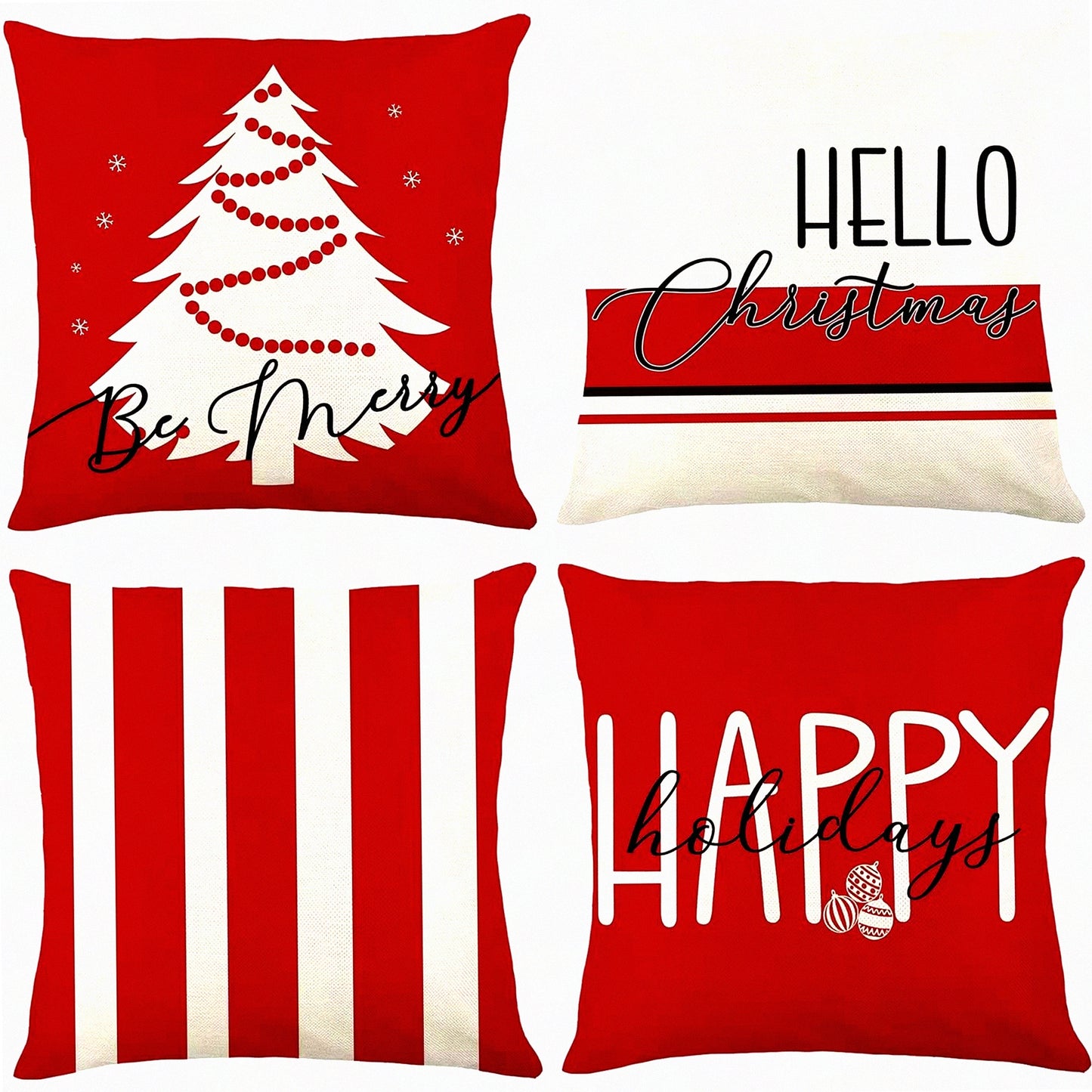 Winter Wonderland Pillow Cover Set - 18x18 Inch Red & White Holiday Decor - Farmhouse Xmas Throw Pillow Cases - Linen Decorative Cushion Covers for Couch - Set of 4