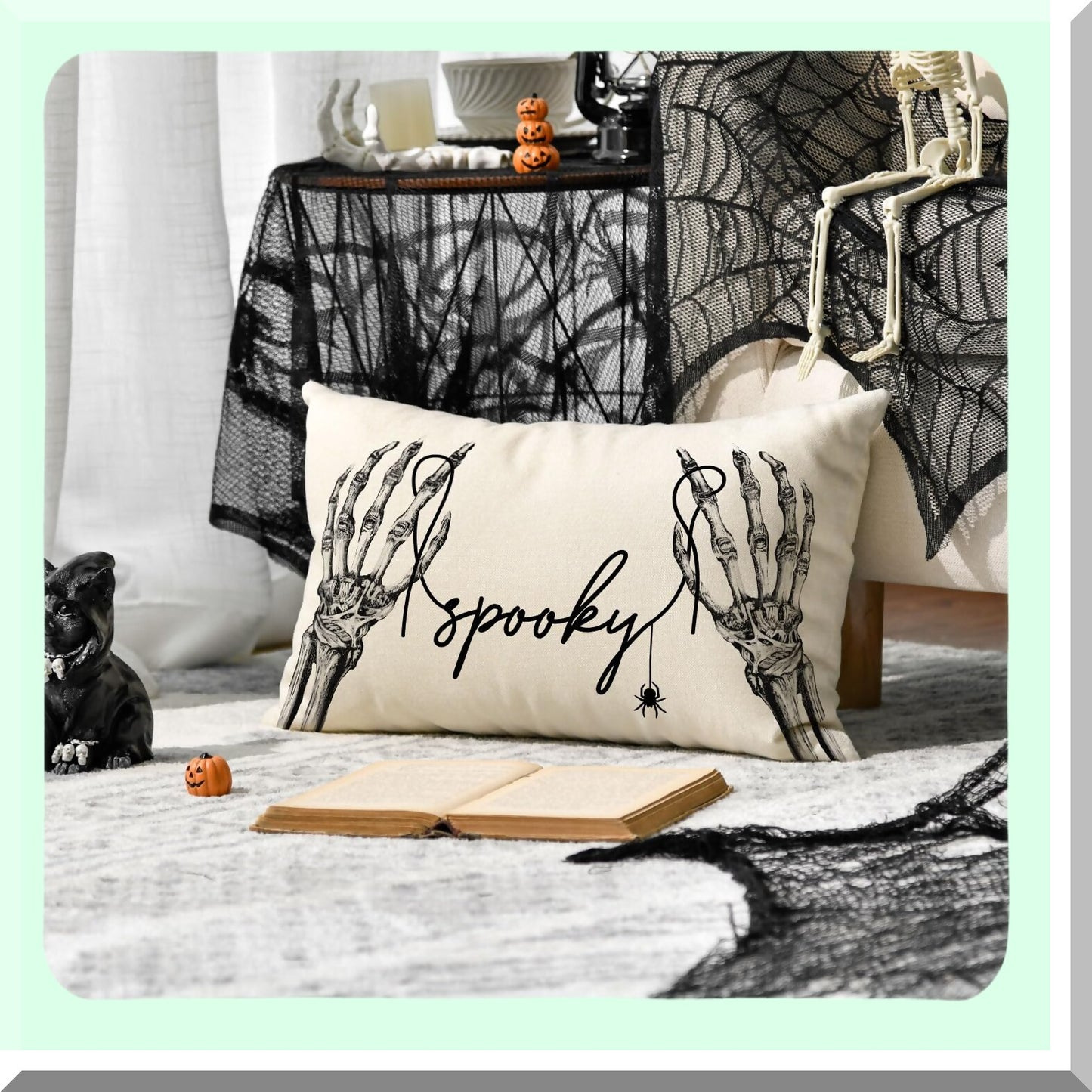 Black Skeleton Hand Spider Throw Pillow Cover - Spooky 12x20 Inch Cushion Case for Sofa Couch Decoration