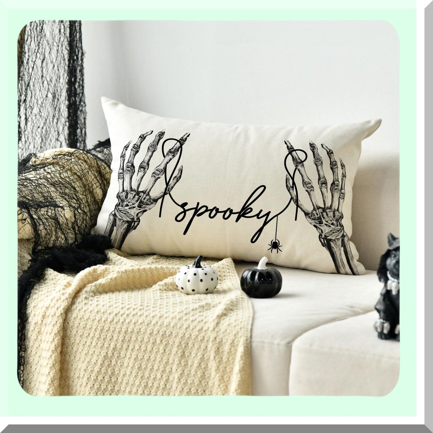 Black Skeleton Hand Spider Throw Pillow Cover - Spooky 12x20 Inch Cushion Case for Sofa Couch Decoration