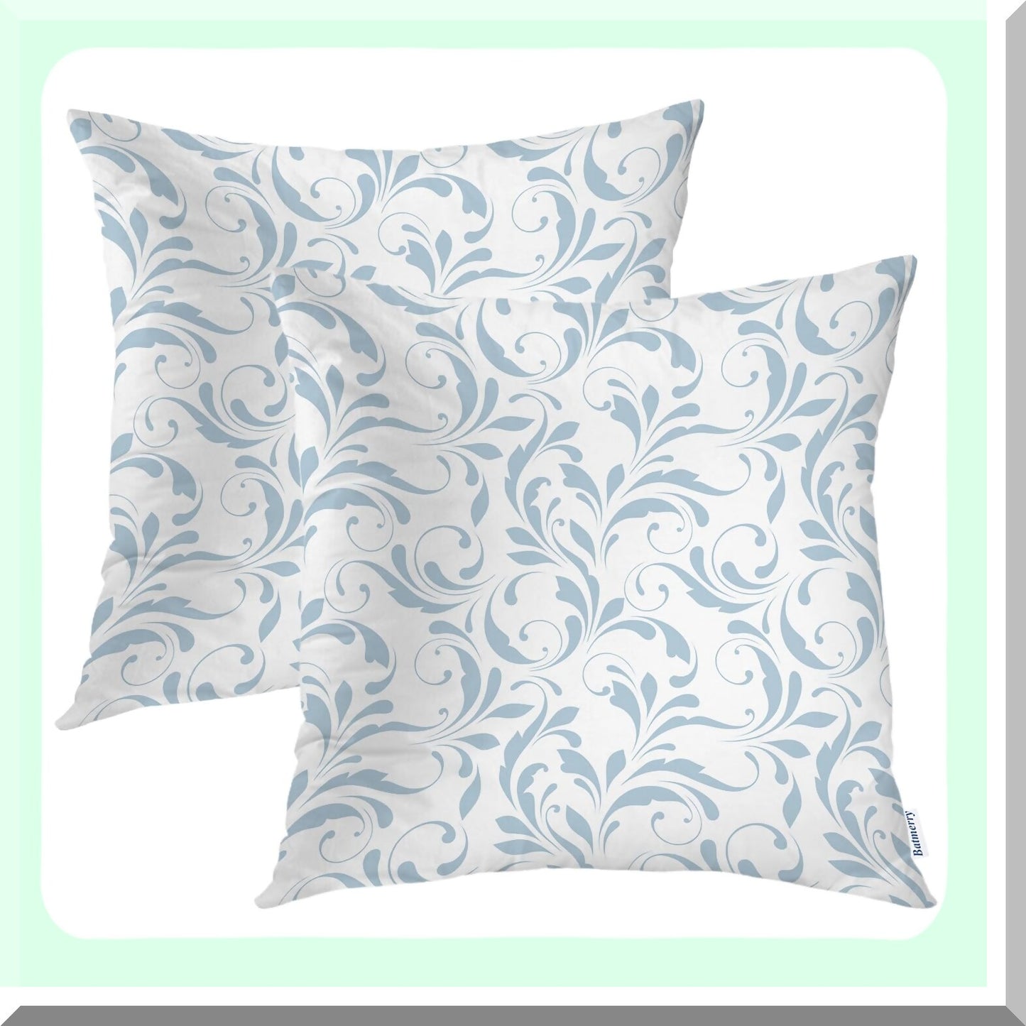Floral Winter Swirls Pillow Covers Set - Blue & White 18x18 Inch Double Sided Decorative Throw Cases - Delicate Flowers Bouquet Design