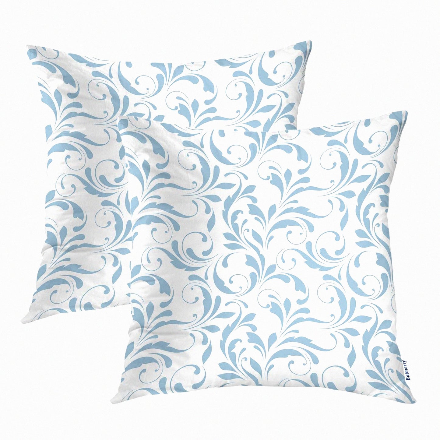 Floral Winter Swirls Pillow Covers Set - Blue & White 18x18 Inch Double Sided Decorative Throw Cases - Delicate Flowers Bouquet Design