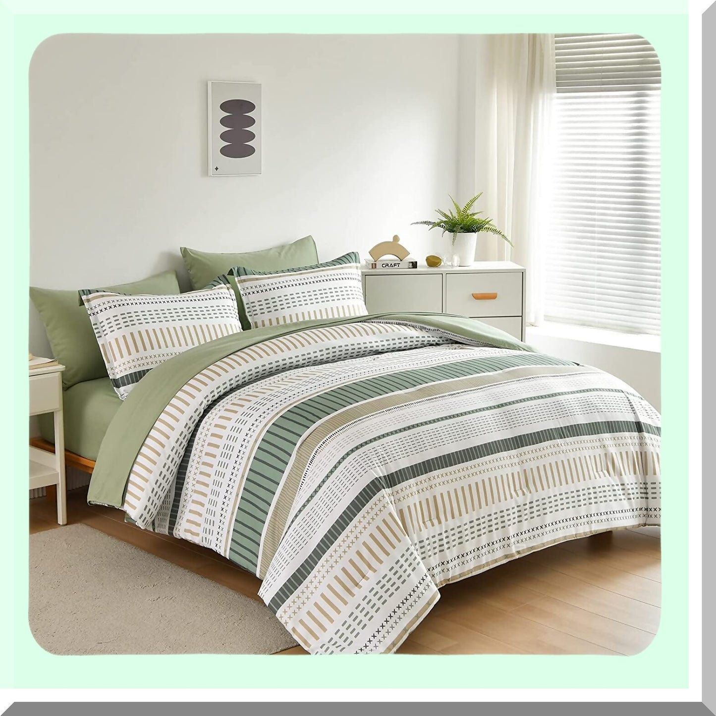 Sage Green Boho Stripe 7-Piece Comforter Set - Soft Microfiber Bedding Set with Patchwork Stripes - All Season Bed in a Bag - White and Green
