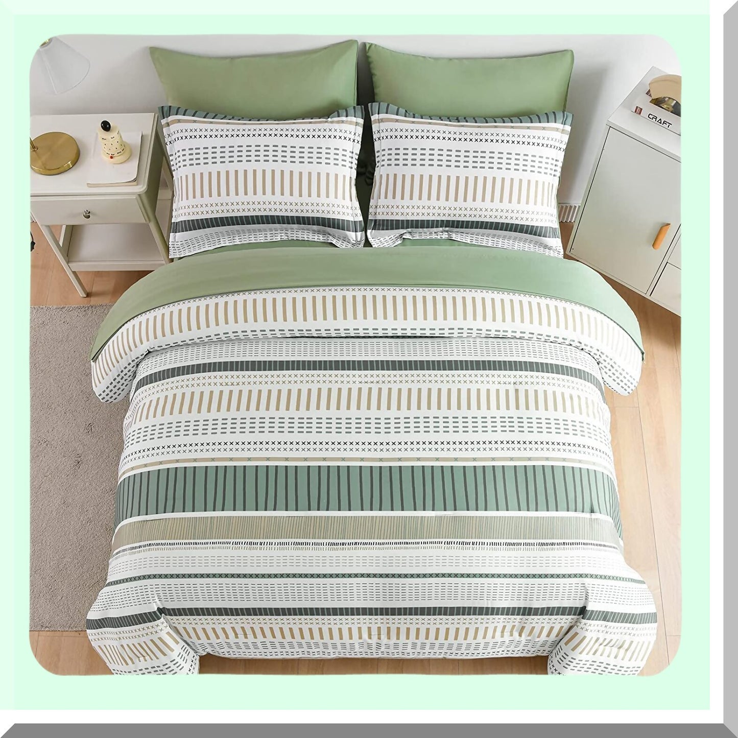 Sage Green Boho Stripe 7-Piece Comforter Set - Soft Microfiber Bedding Set with Patchwork Stripes - All Season Bed in a Bag - White and Green